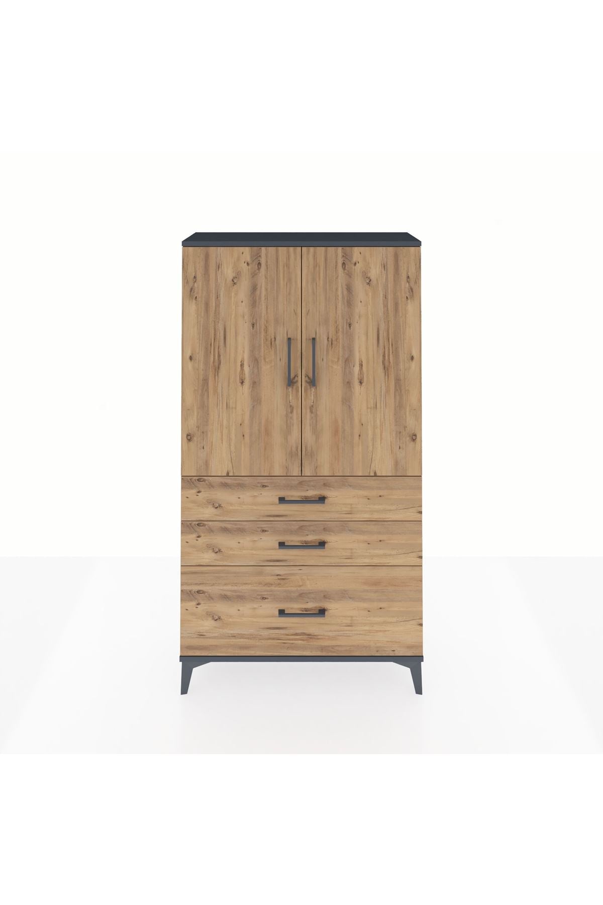 Arges Dolap 3 Raflı 3 Çekmeceli 2 Kapaklı 88x30x163 Antrasit-Çam