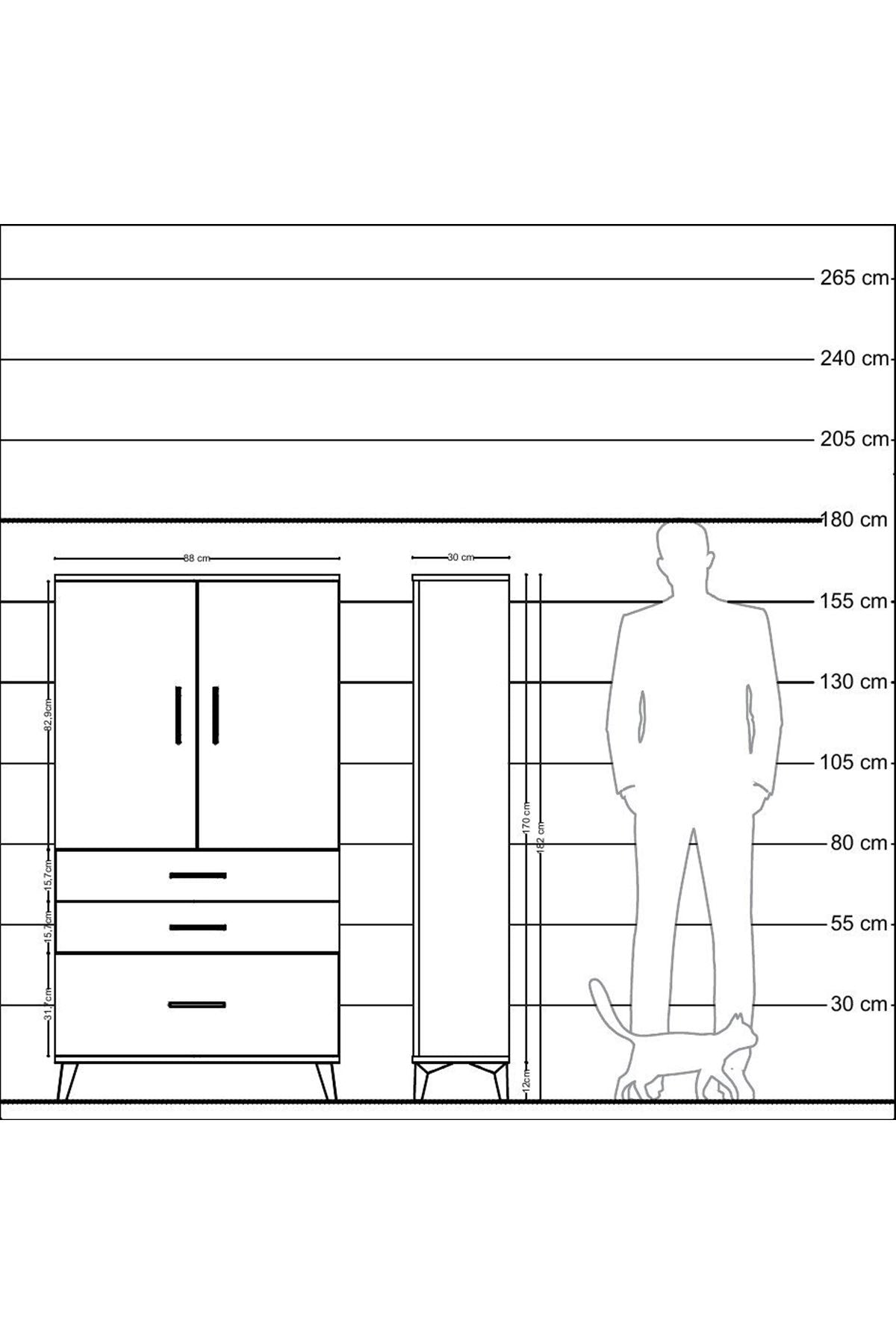 Arges Dolap 3 Raflı 3 Çekmeceli 2 Kapaklı 88x30x163 Antrasit-Çam