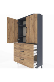 Arges Dolap 3 Raflı 3 Çekmeceli 2 Kapaklı 88x30x163 Antrasit-Çam