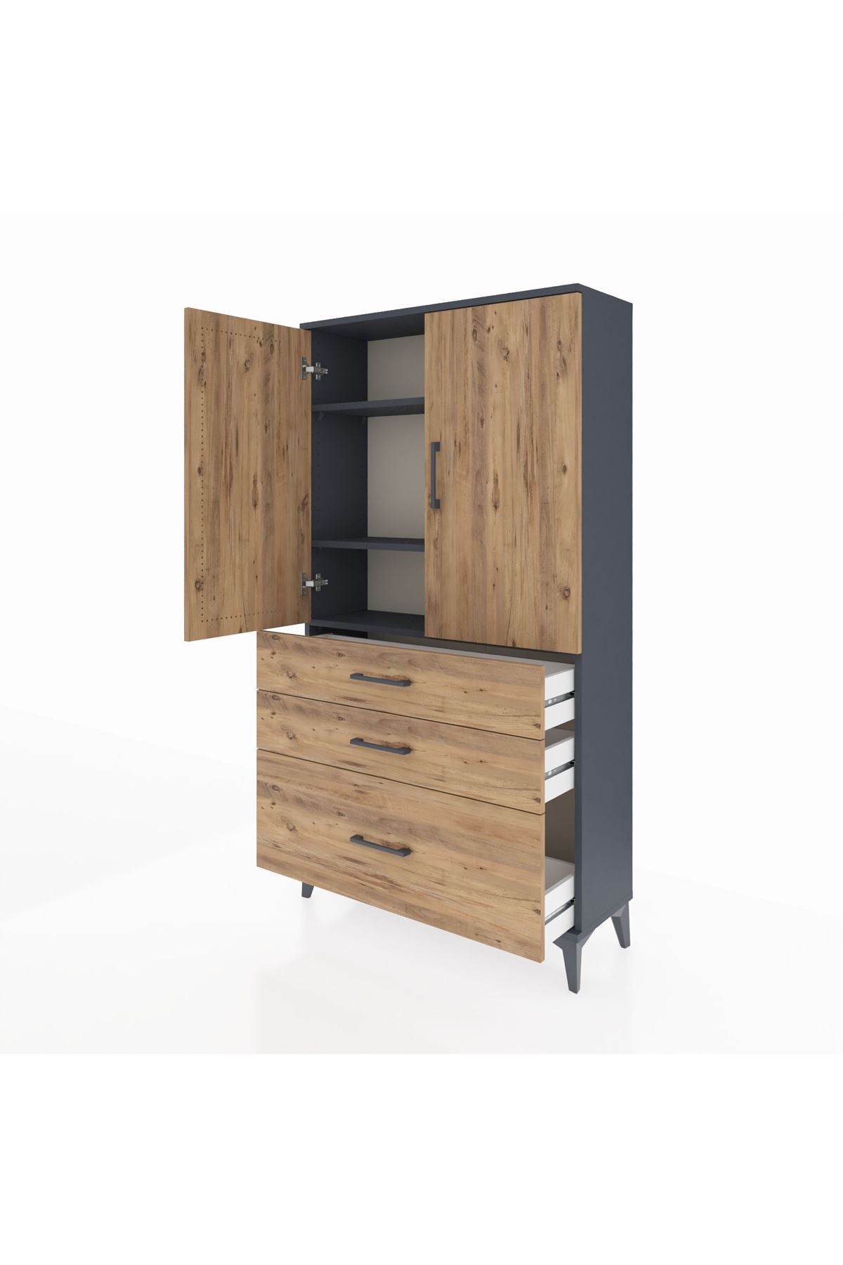 Arges Dolap 3 Raflı 3 Çekmeceli 2 Kapaklı 88x30x163 Antrasit-Çam