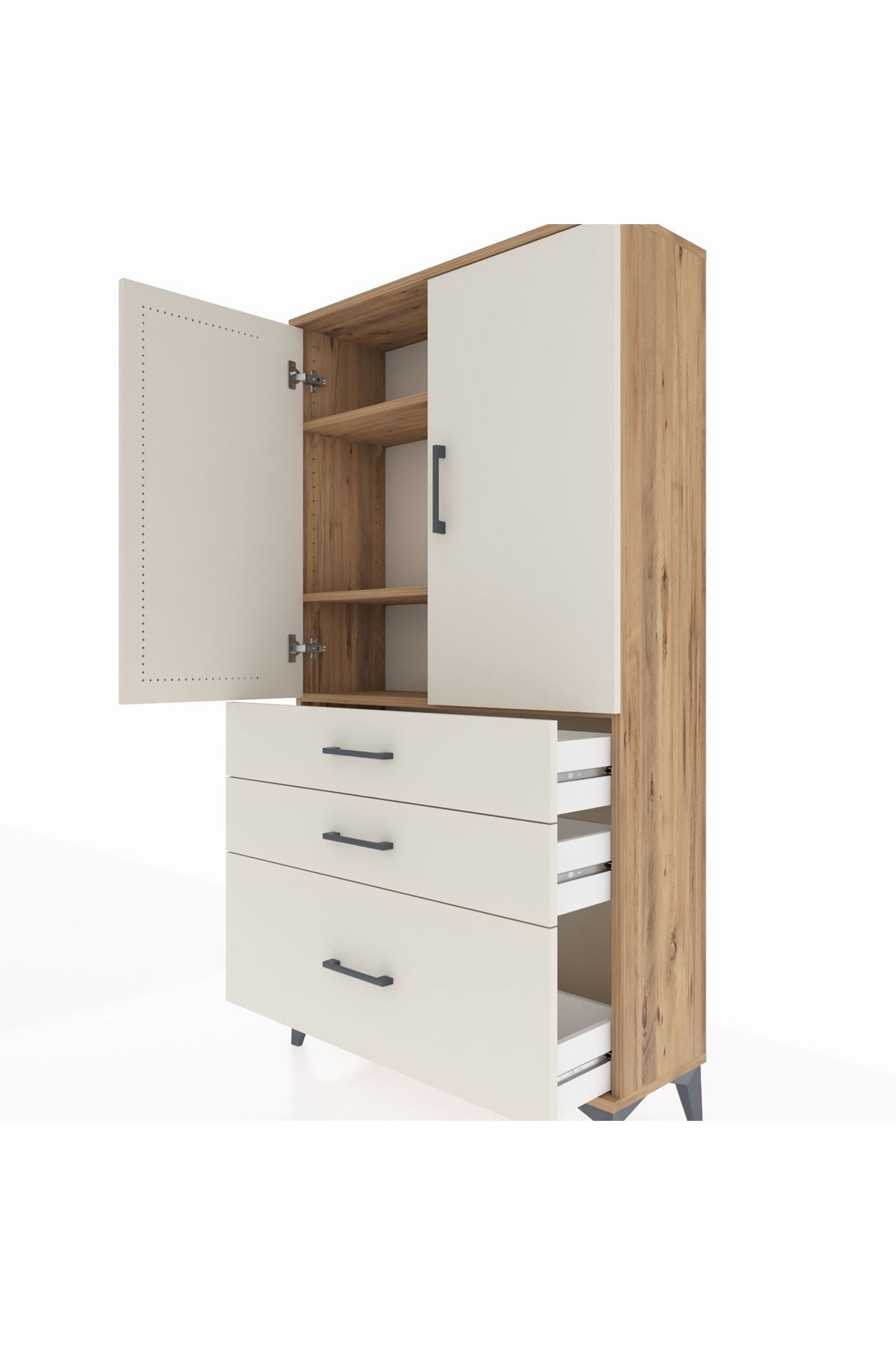 Arges Dolap 3 Raflı 3 Çekmeceli 2 Kapaklı 88x30x163 Çam-Aytaşı
