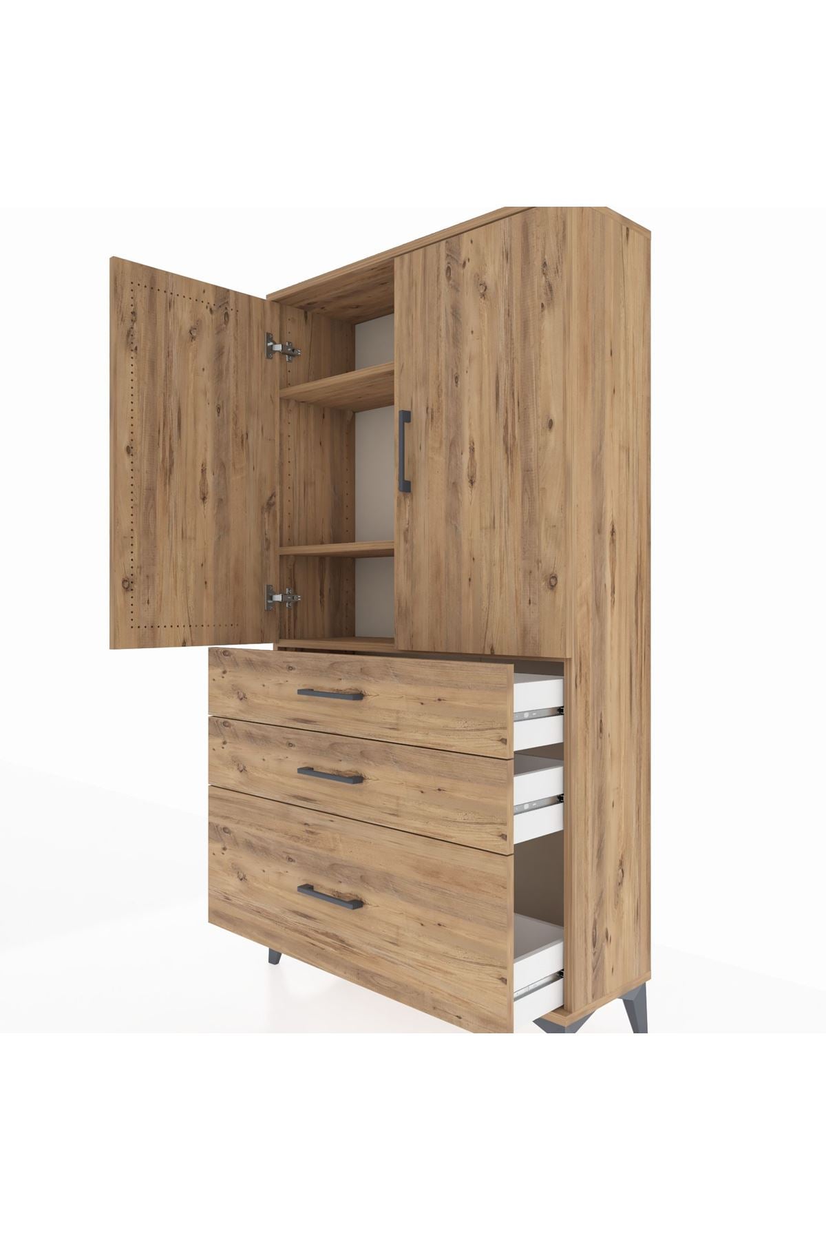 Arges Dolap 3 Raflı 3 Çekmeceli 2 Kapaklı 88x30x163 Çam-Çam