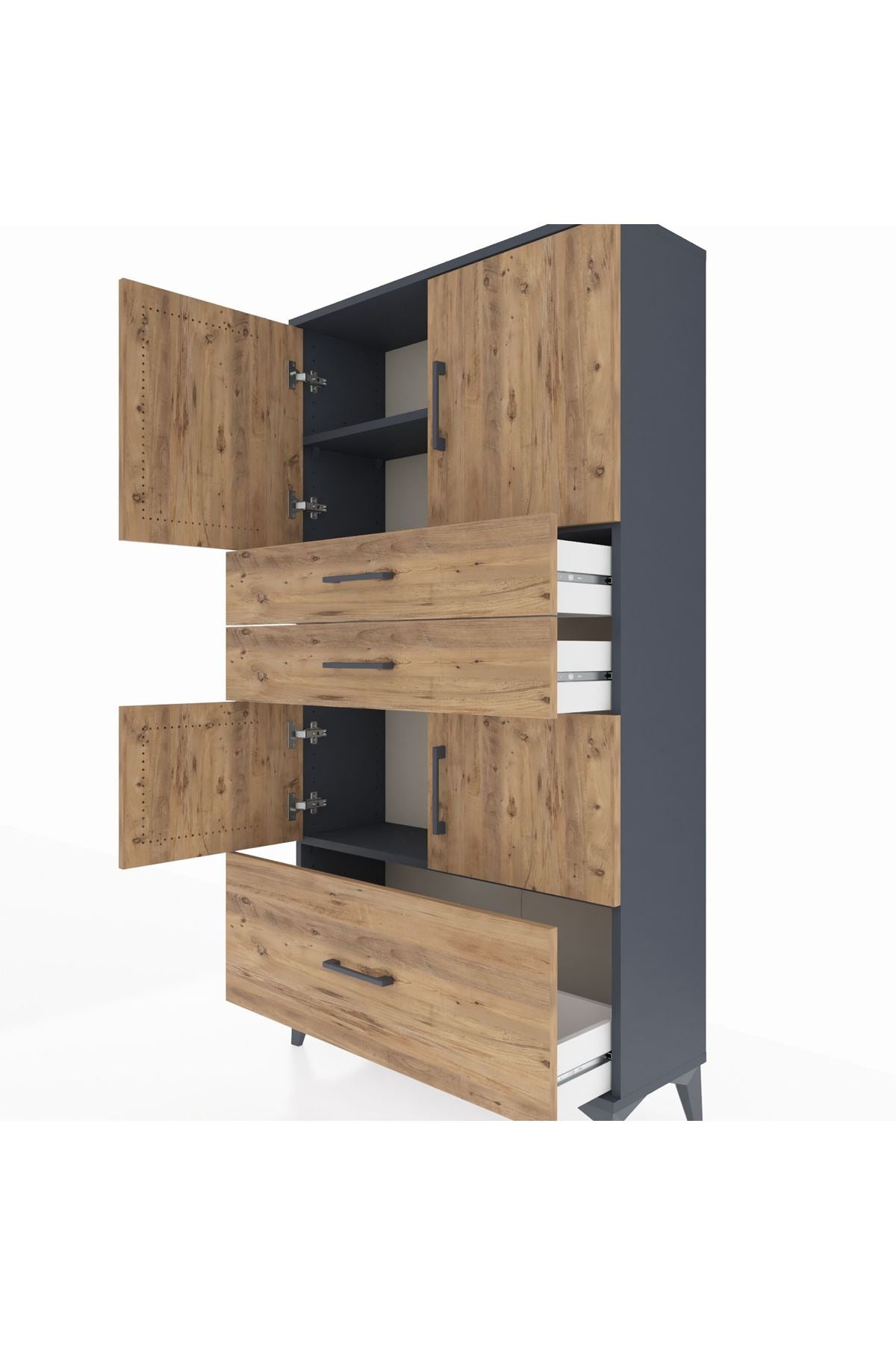 Arges Dolap 3 Raflı 3 Çekmeceli 4 Kapaklı 88x30x163 Antrasit-Çam