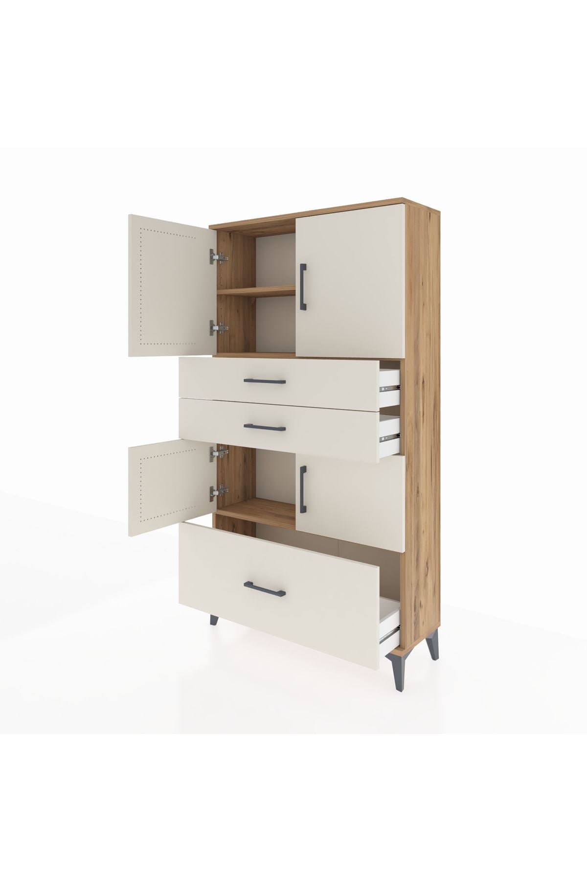 Arges Dolap 3 Raflı 3 Çekmeceli 4 Kapaklı 88x30x163 Çam-Aytaşı