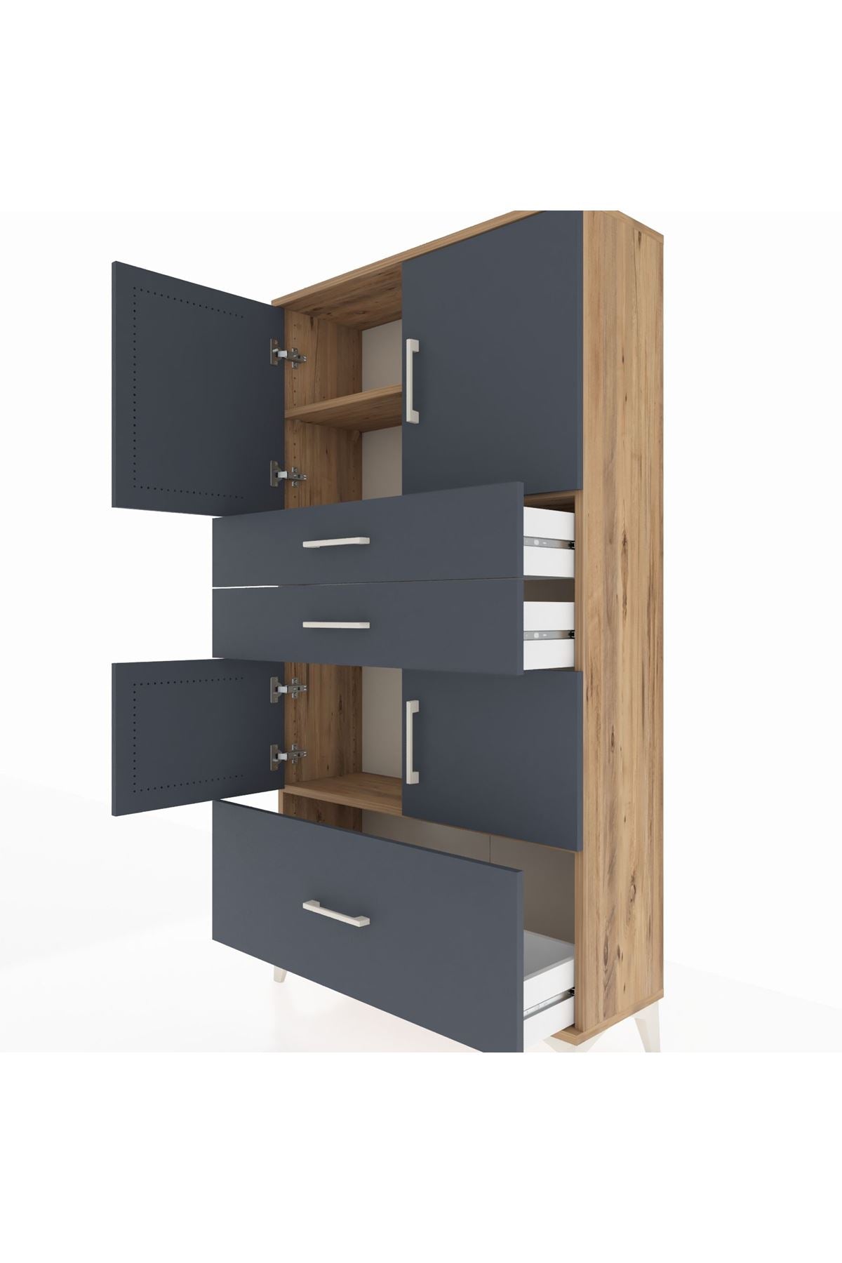 Arges Dolap 3 Raflı 3 Çekmeceli 4 Kapaklı 88x30x163 Çam-Antrasit