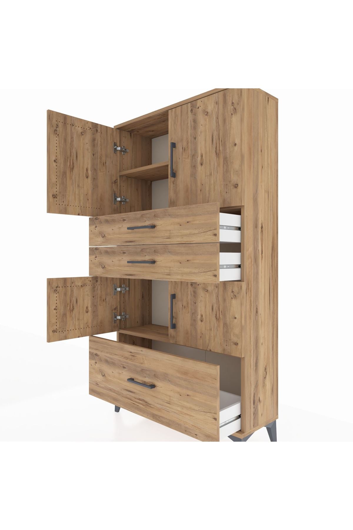 Arges Dolap 3 Raflı 3 Çekmeceli 4 Kapaklı 88x30x163 Çam-Çam