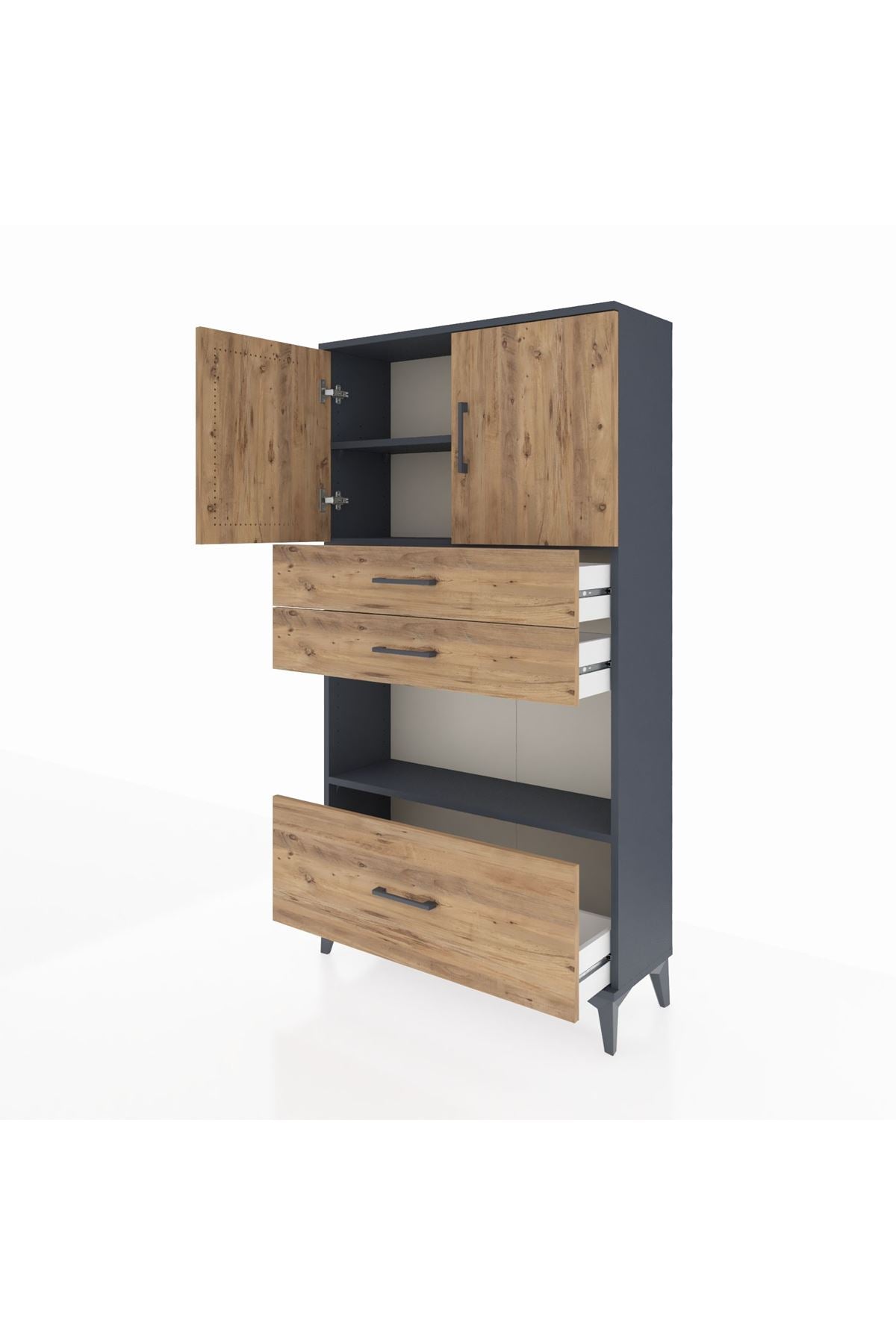 Arges Dolap 3 Raflı 3 Çekmeceli 2 Kapaklı 88x30x163 Antrasit-Çam