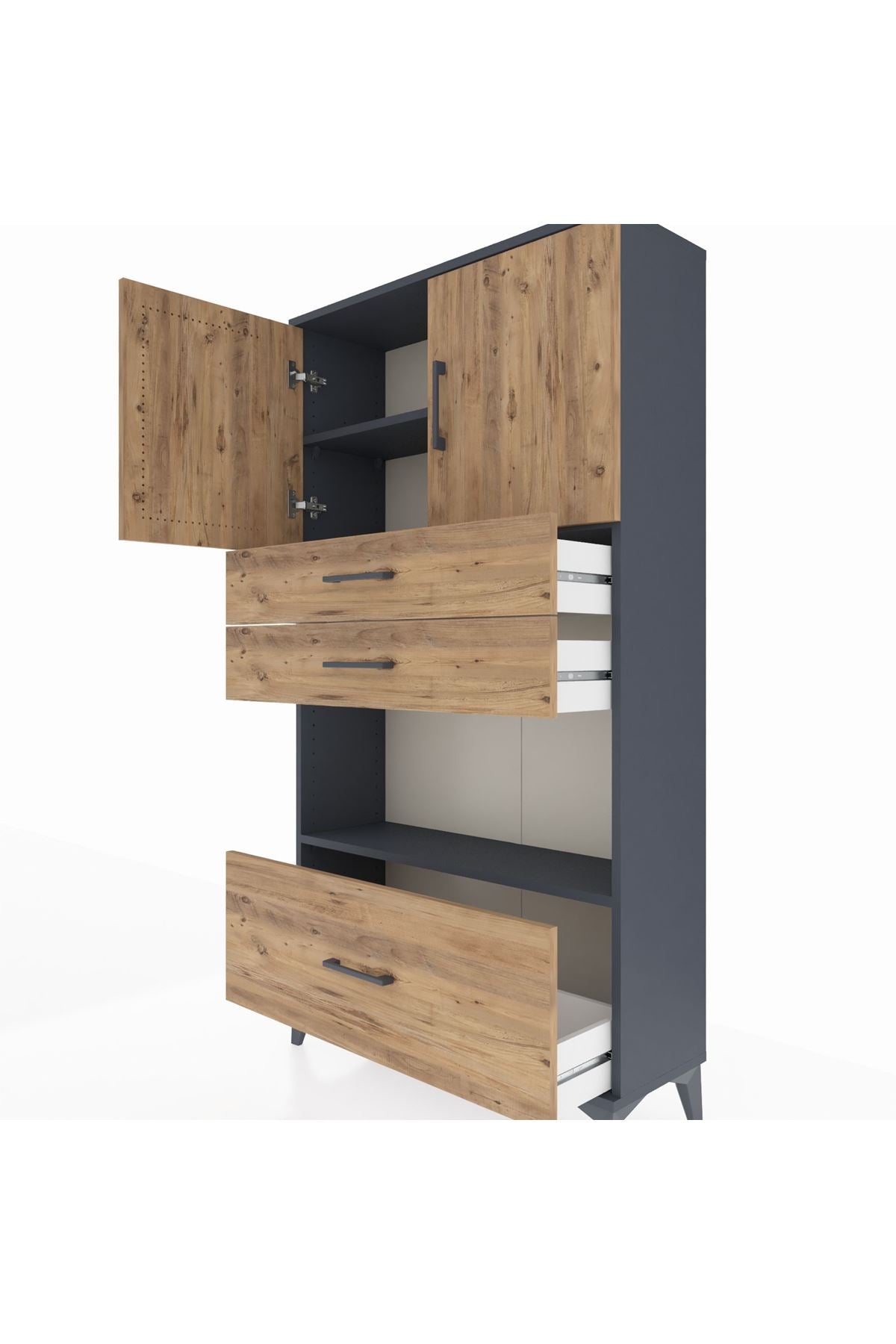 Arges Dolap 3 Raflı 3 Çekmeceli 2 Kapaklı 88x30x163 Antrasit-Çam