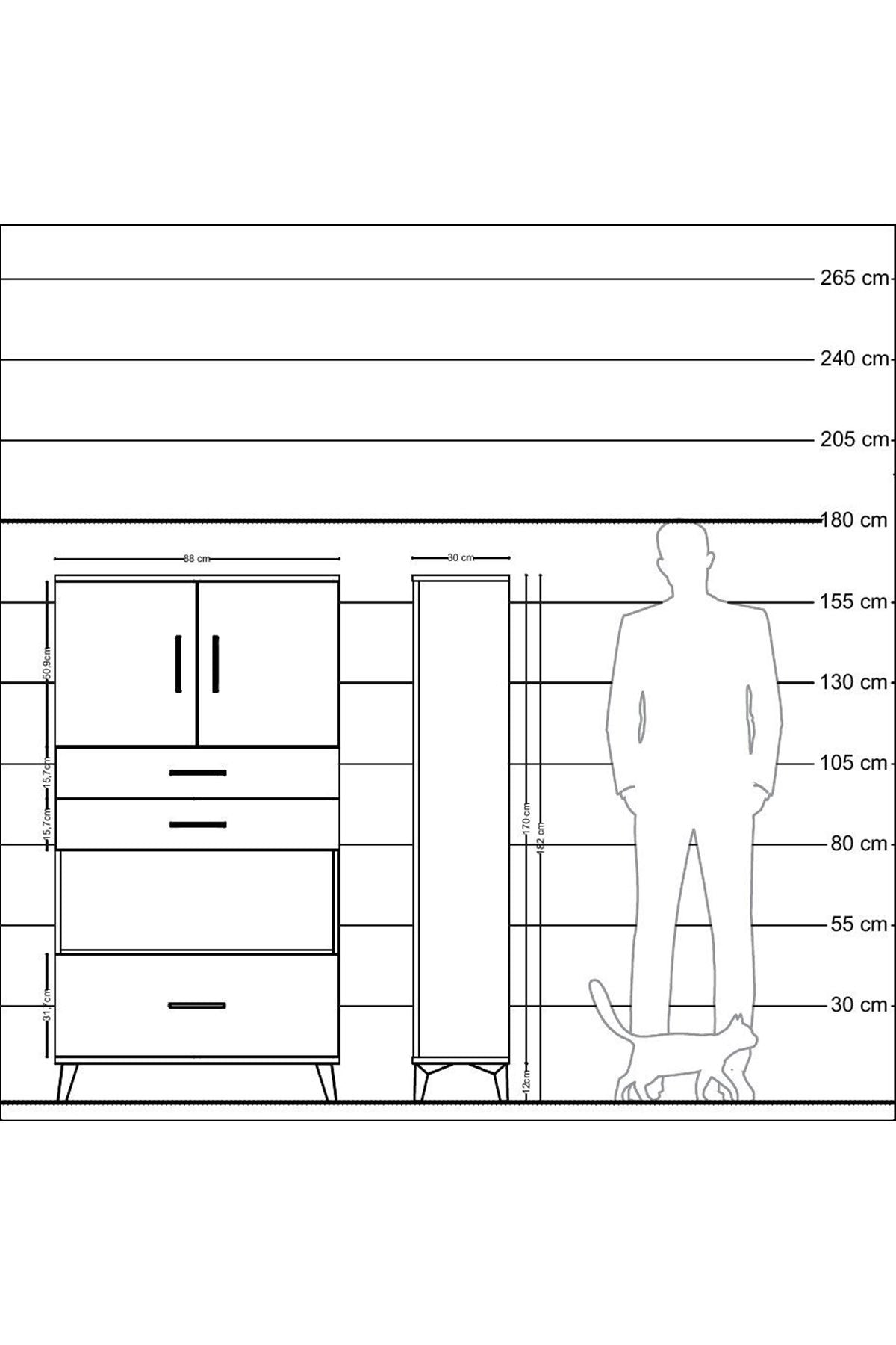Arges Dolap 3 Raflı 3 Çekmeceli 2 Kapaklı 88x30x163 Çam-Antrasit