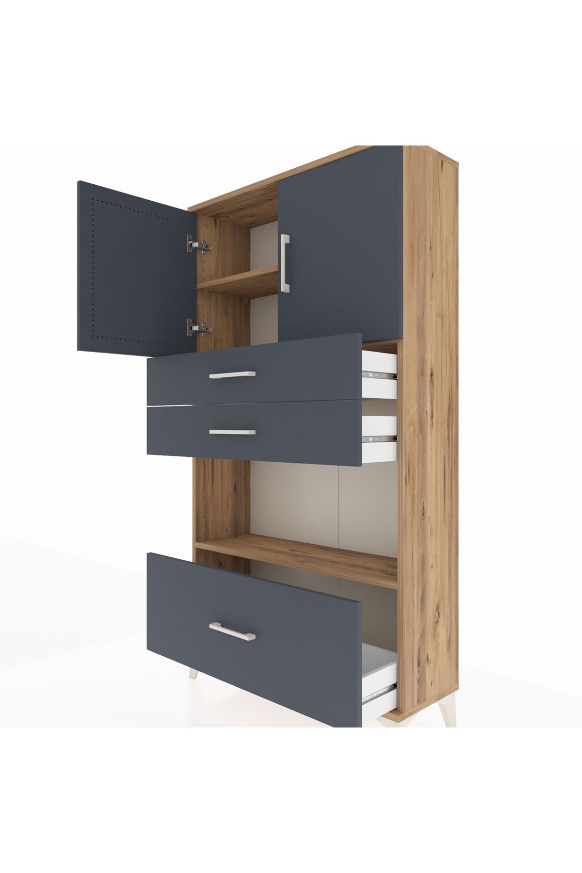 Arges Dolap 3 Raflı 3 Çekmeceli 2 Kapaklı 88x30x163 Çam-Antrasit