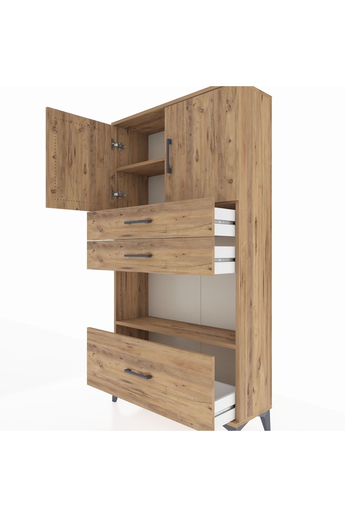 Arges Dolap 3 Raflı 3 Çekmeceli 2 Kapaklı 88x30x163 Çam-Çam