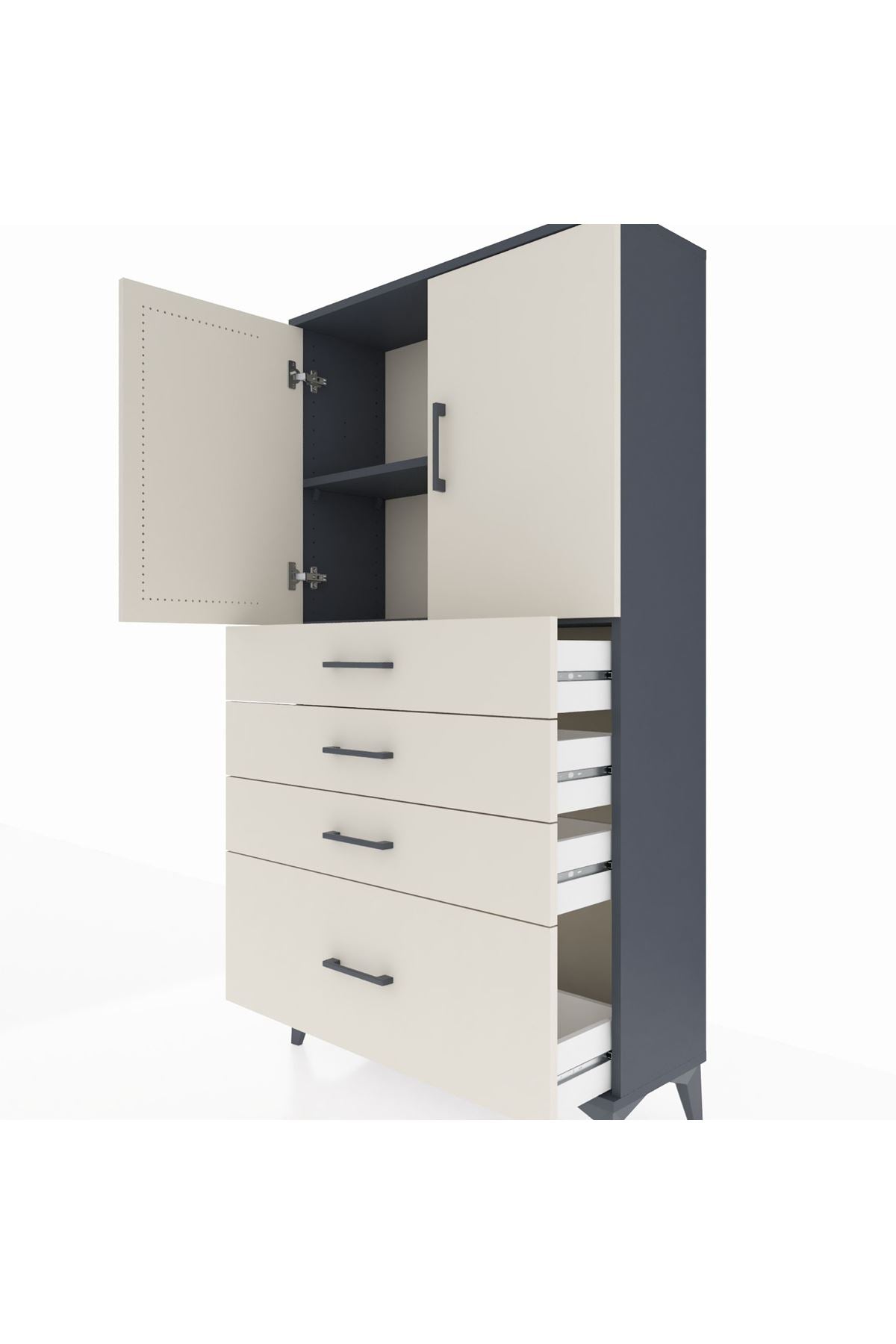 Arges Dolap 2 Raflı 4 Çekmeceli 2 Kapaklı 88x30x163 Antrasit-Aytaşı