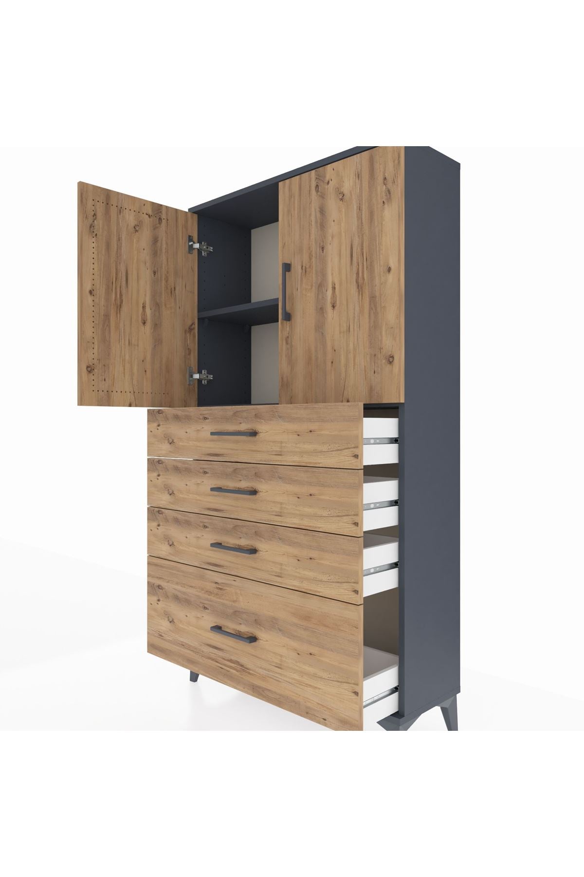 Arges Dolap 2 Raflı 4 Çekmeceli 2 Kapaklı 88x30x163 Antrasit-Çam