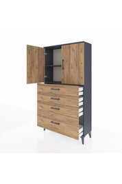 Arges Dolap 2 Raflı 4 Çekmeceli 2 Kapaklı 88x30x163 Antrasit-Çam