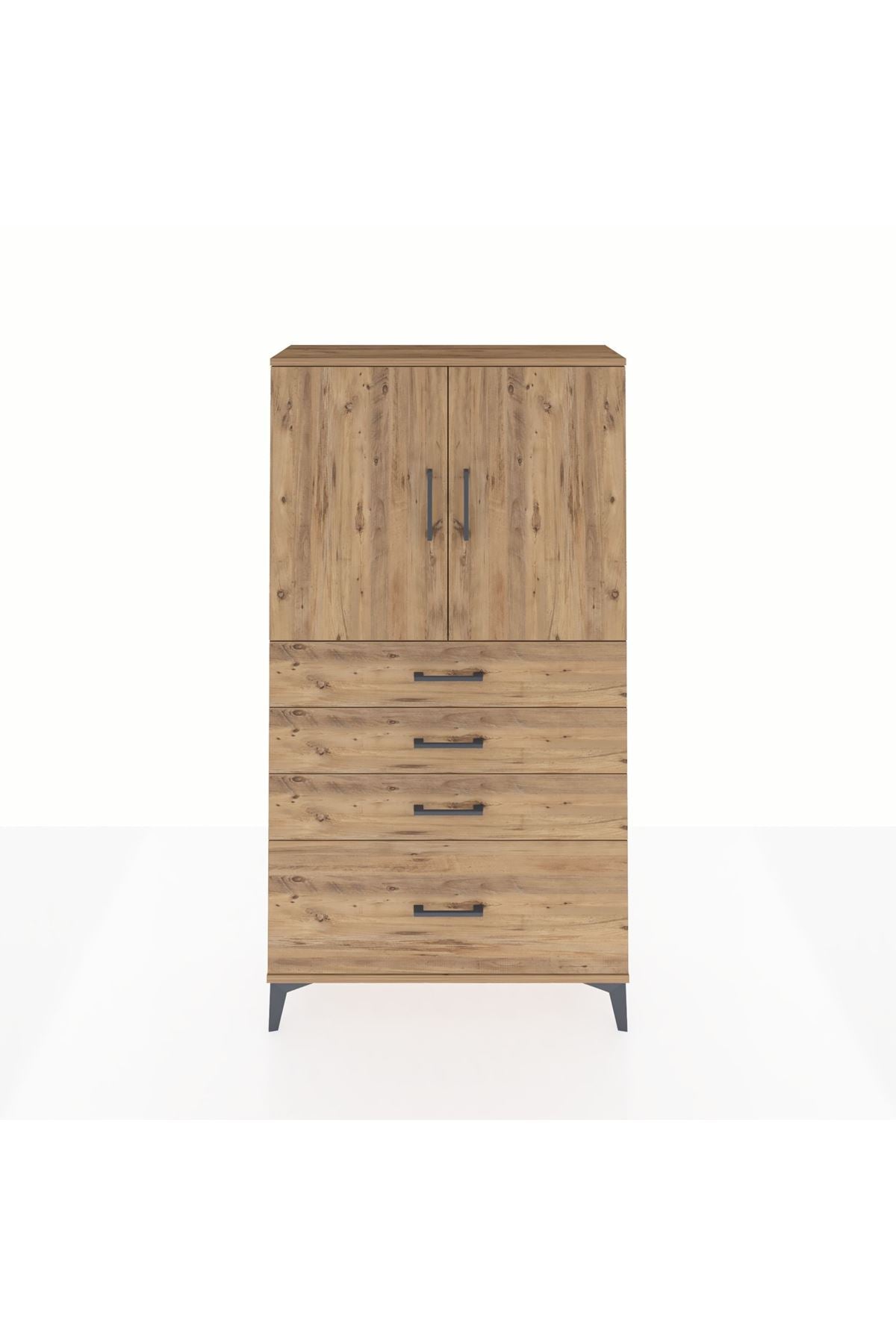 Arges Dolap 2 Raflı 4 Çekmeceli 2 Kapaklı 88x30x163 Çam-Çam