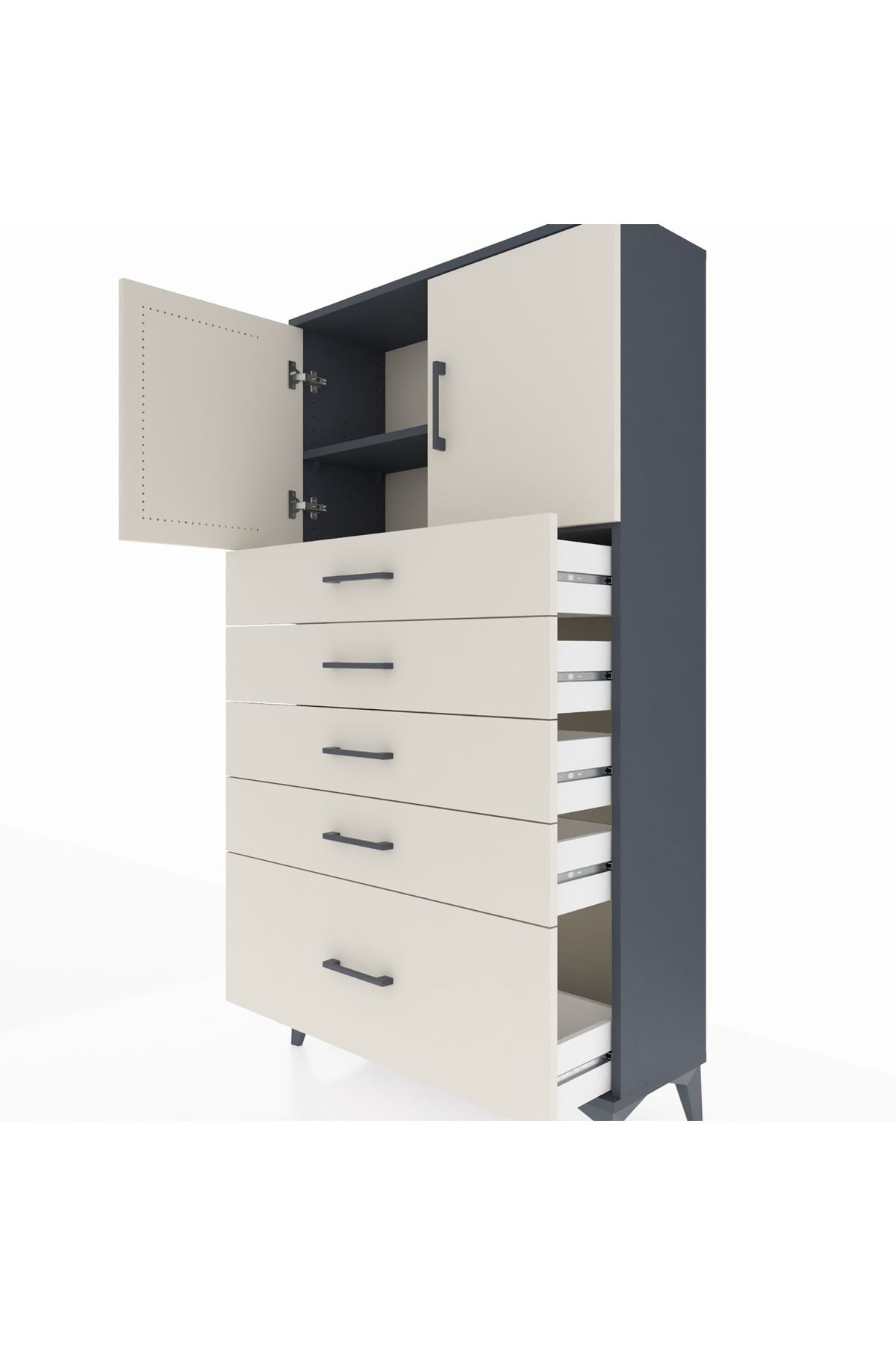 Arges Dolap 2 Raflı 5 Çekmeceli 2 Kapaklı 88x30x163 Antrasit-Aytaşı