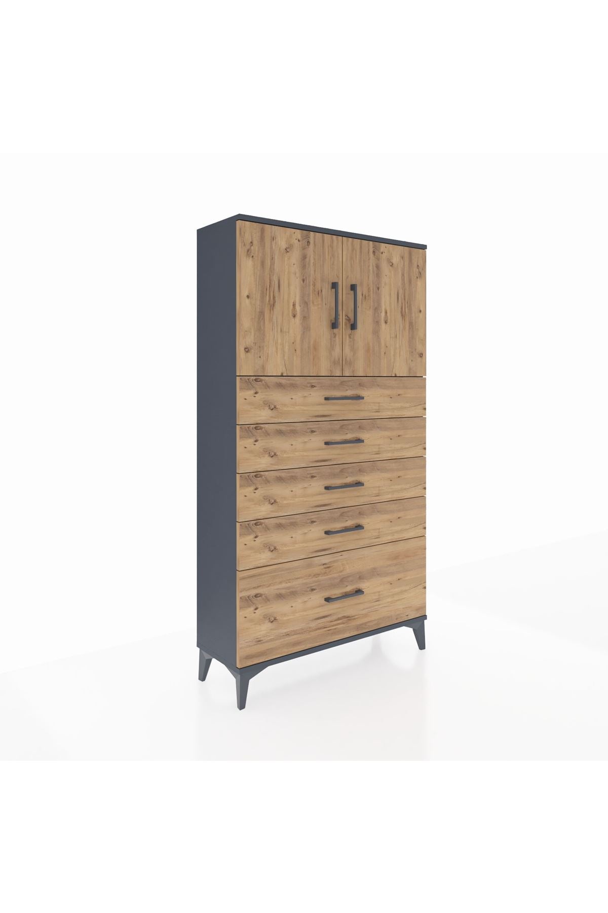 Arges Dolap 2 Raflı 5 Çekmeceli 2 Kapaklı 88x30x163 Antrasit-Çam