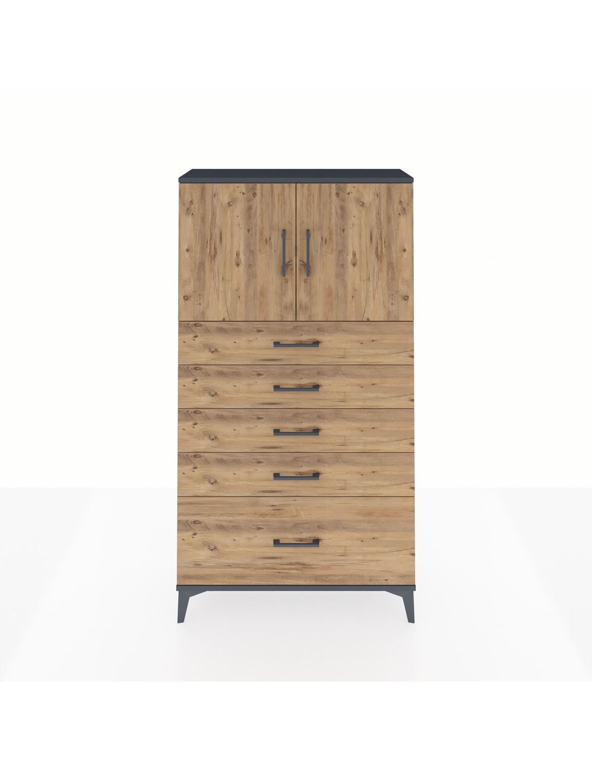 Arges Dolap 2 Raflı 5 Çekmeceli 2 Kapaklı 88x30x163 Antrasit-Çam