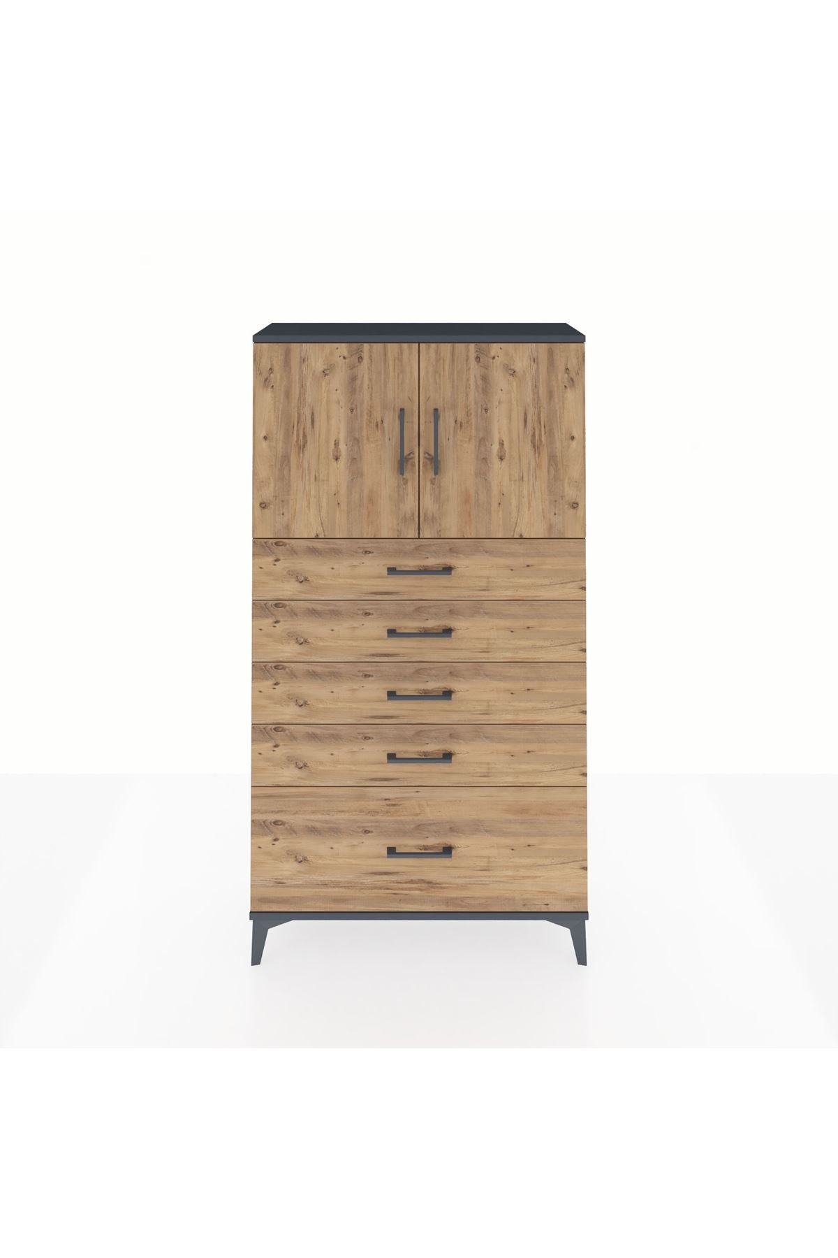 Arges Dolap 2 Raflı 5 Çekmeceli 2 Kapaklı 88x30x163 Antrasit-Çam