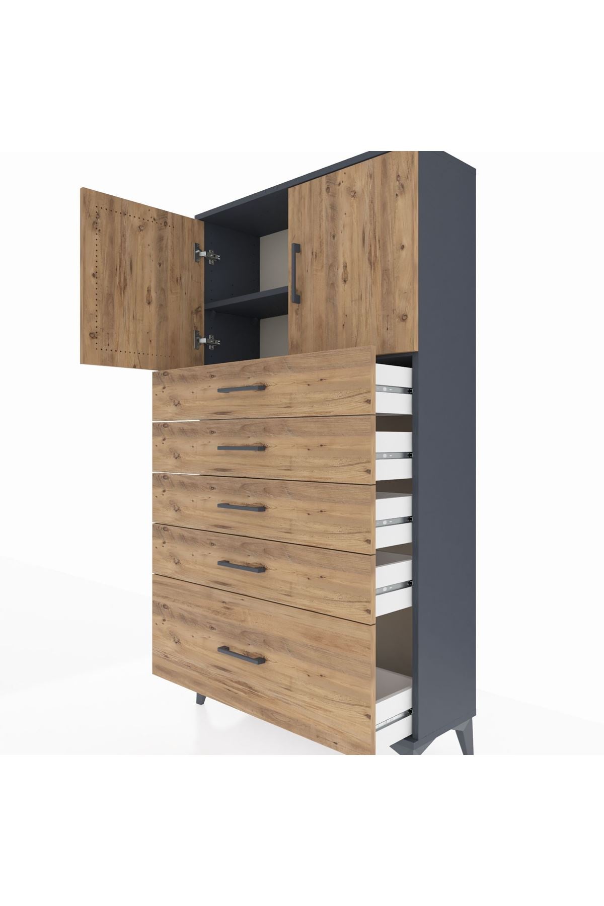 Arges Dolap 2 Raflı 5 Çekmeceli 2 Kapaklı 88x30x163 Antrasit-Çam