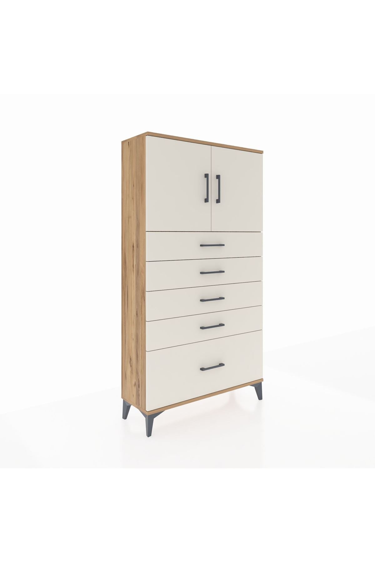 Arges Dolap 2 Raflı 5 Çekmeceli 2 Kapaklı 88x30x163 Çam-Aytaşı