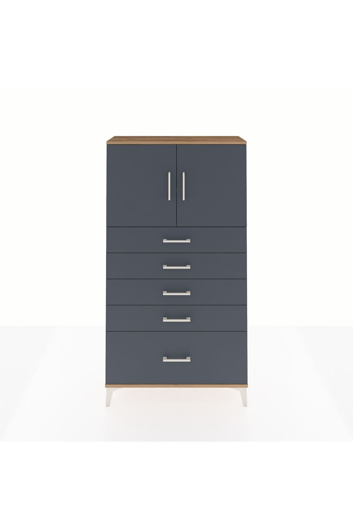 Arges Dolap 2 Raflı 5 Çekmeceli 2 Kapaklı 88x30x163 Çam-Antrasit