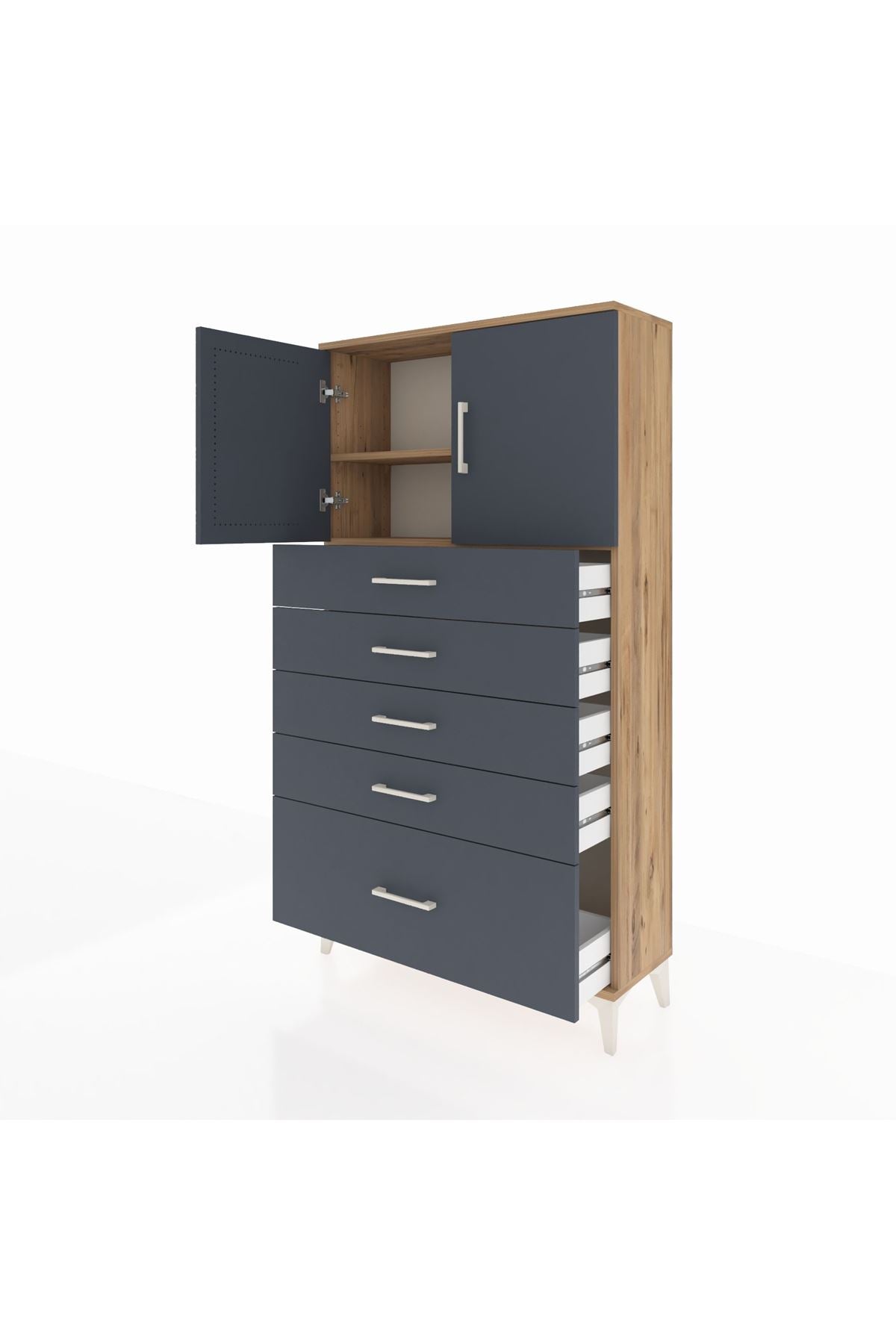 Arges Dolap 2 Raflı 5 Çekmeceli 2 Kapaklı 88x30x163 Çam-Antrasit
