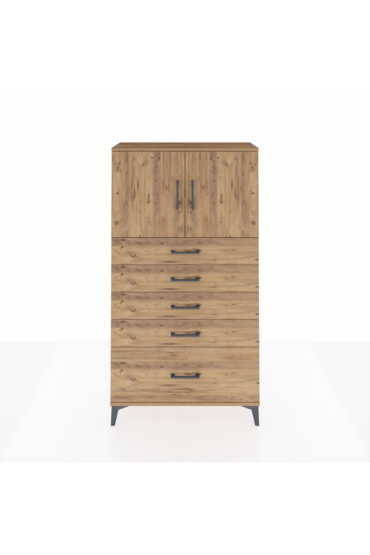 Arges Dolap 2 Raflı 5 Çekmeceli 2 Kapaklı 88x30x163 Çam-Çam