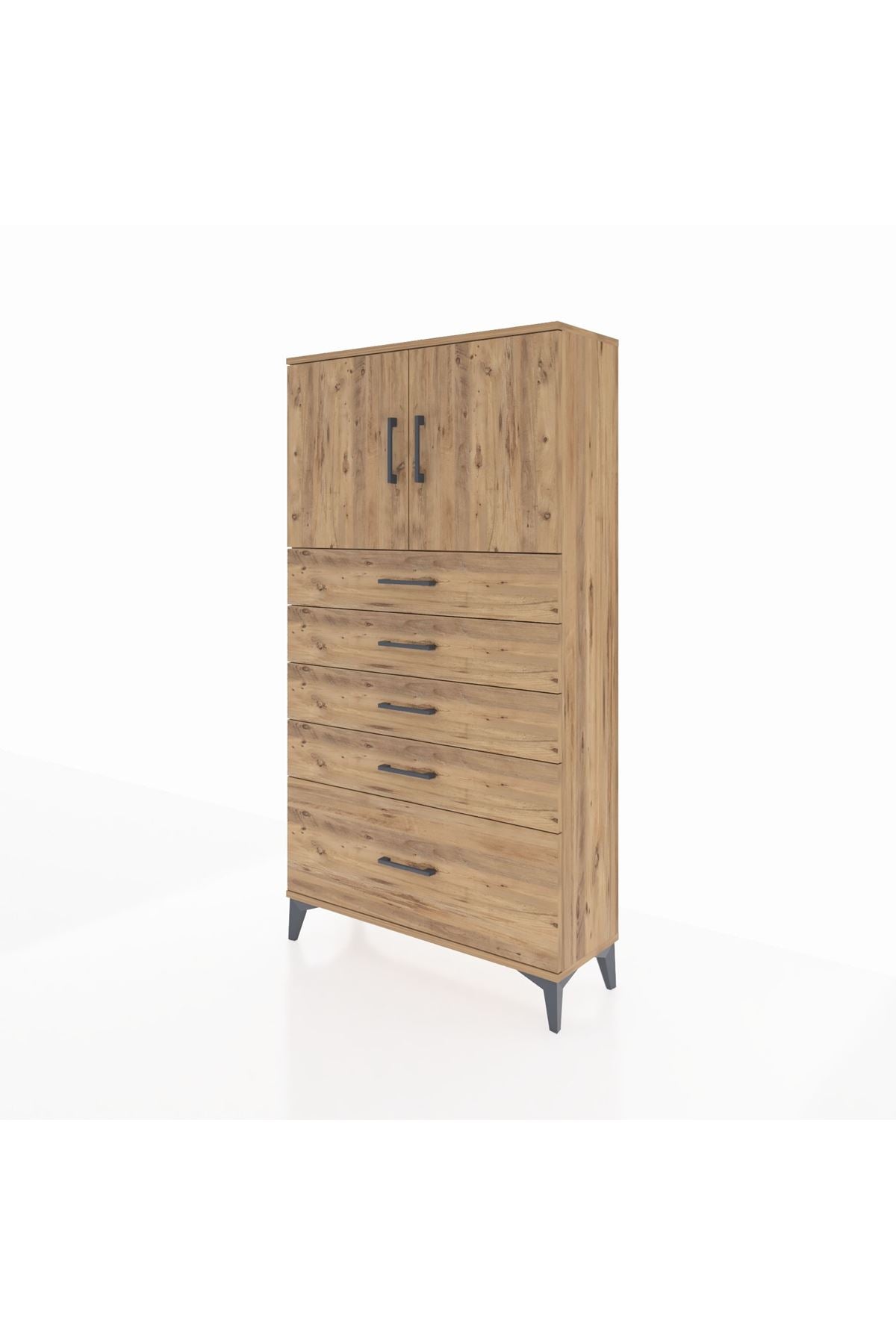 Arges Dolap 2 Raflı 5 Çekmeceli 2 Kapaklı 88x30x163 Çam-Çam