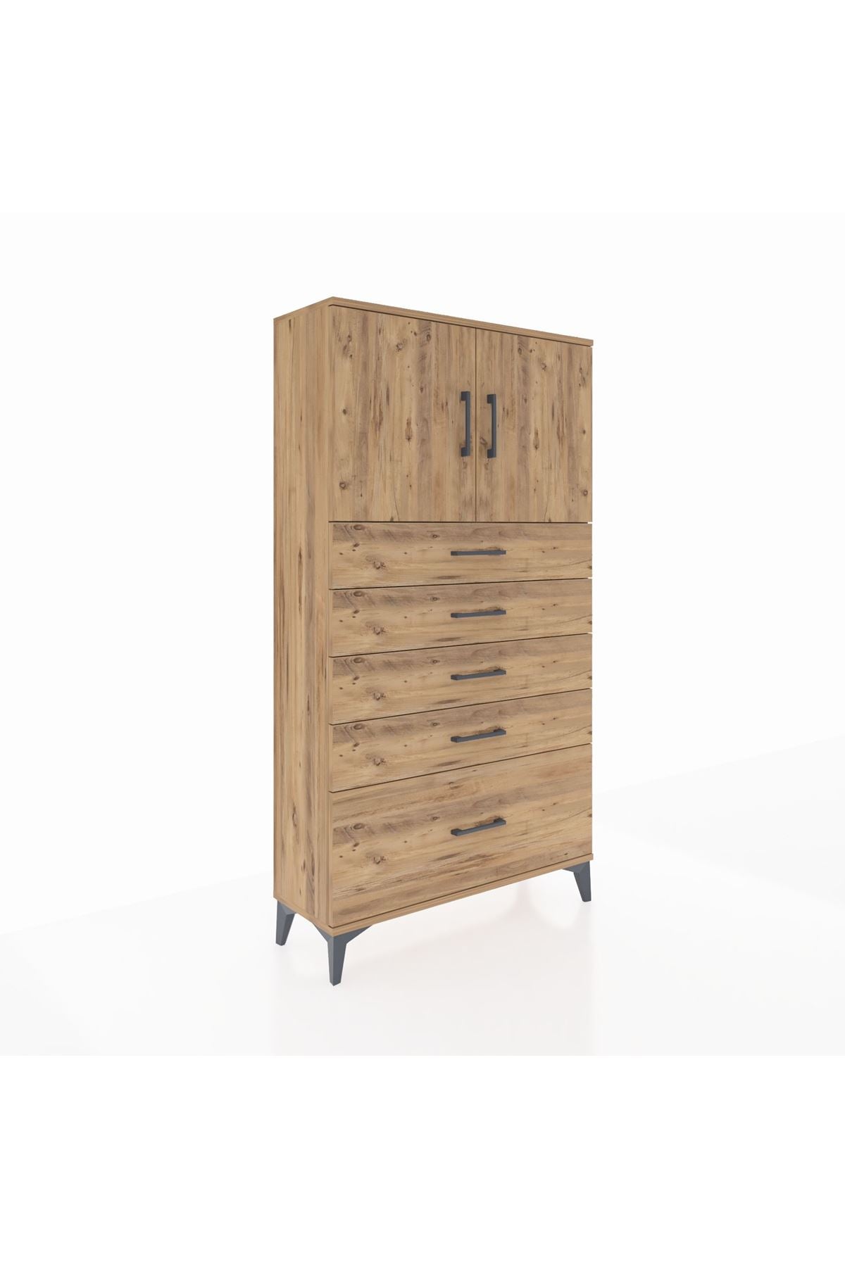 Arges Dolap 2 Raflı 5 Çekmeceli 2 Kapaklı 88x30x163 Çam-Çam