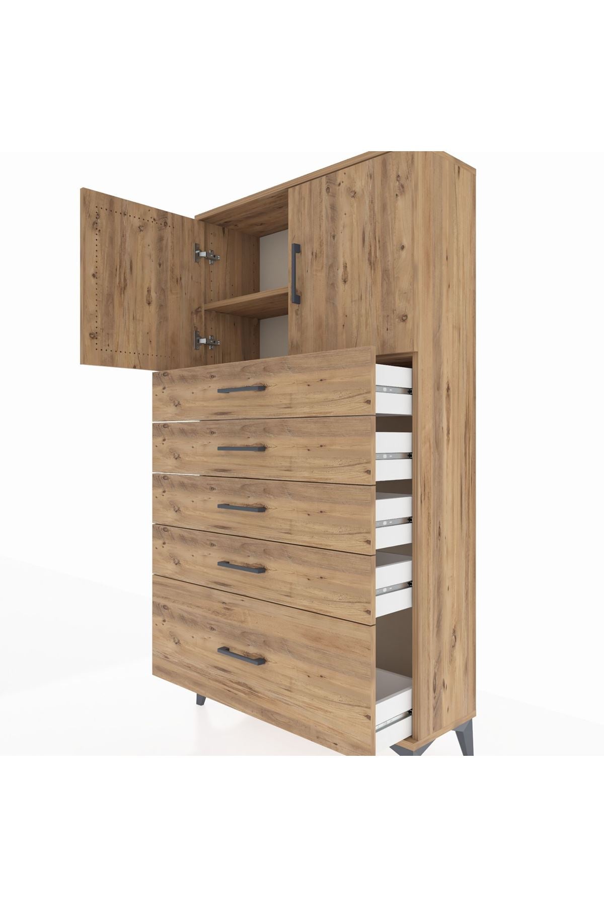 Arges Dolap 2 Raflı 5 Çekmeceli 2 Kapaklı 88x30x163 Çam-Çam