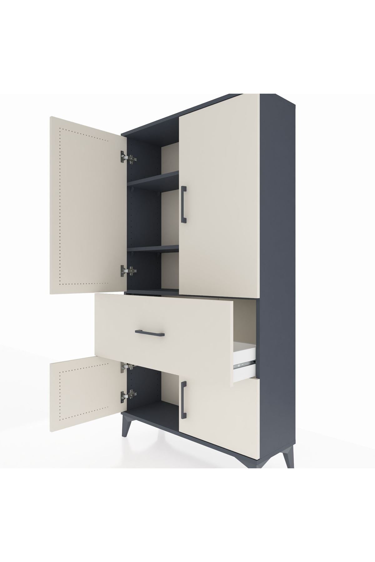 Arges Dolap 3 Raflı Tek Çekmeceli 4 Kapaklı 88x30x163 Antrasit-Aytaşı