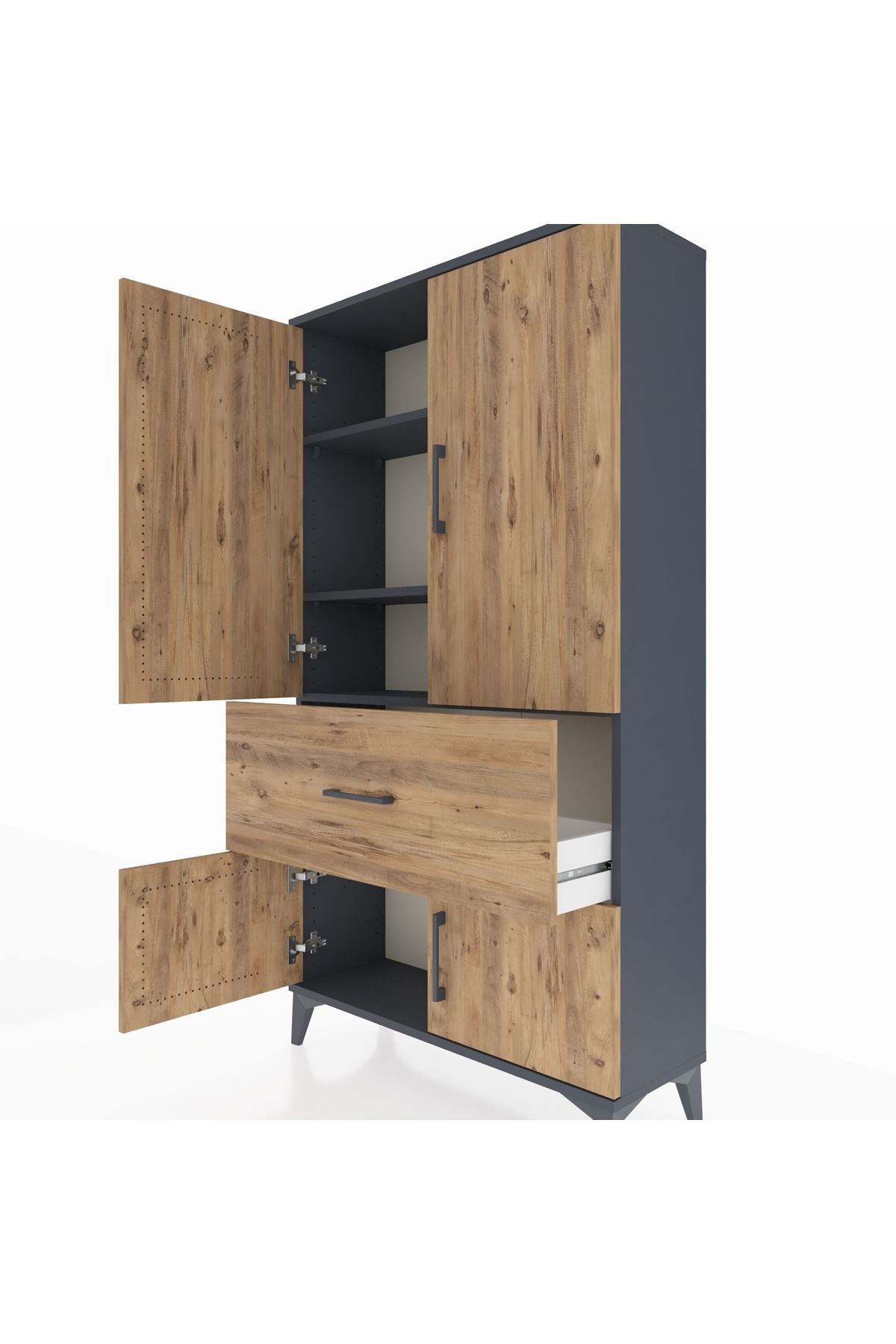 Arges Dolap 3 Raflı Tek Çekmeceli 4 Kapaklı 88x30x163 Antrasit-Çam