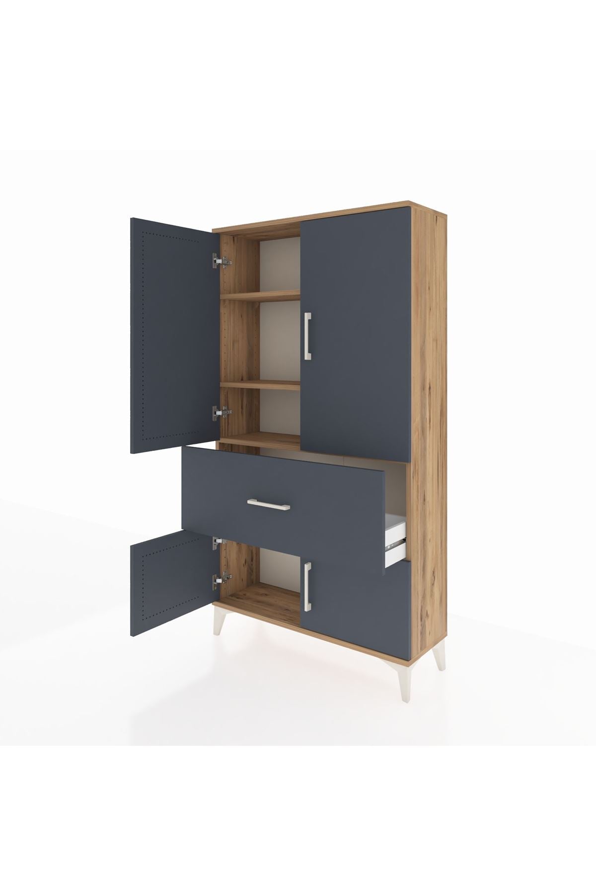 Arges Dolap 3 Raflı Tek Çekmeceli 4 Kapaklı 88x30x163 Çam-Antrasit