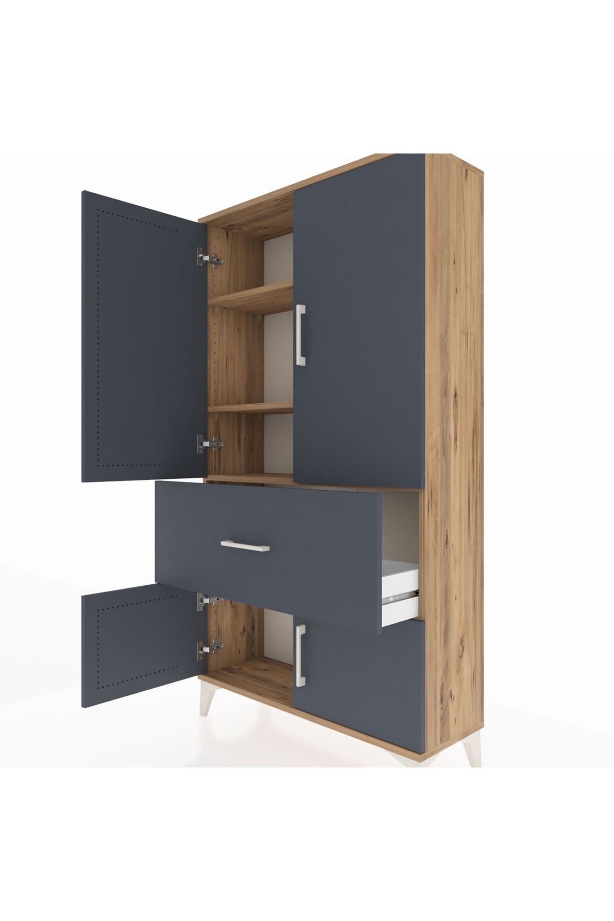 Arges Dolap 3 Raflı Tek Çekmeceli 4 Kapaklı 88x30x163 Çam-Antrasit