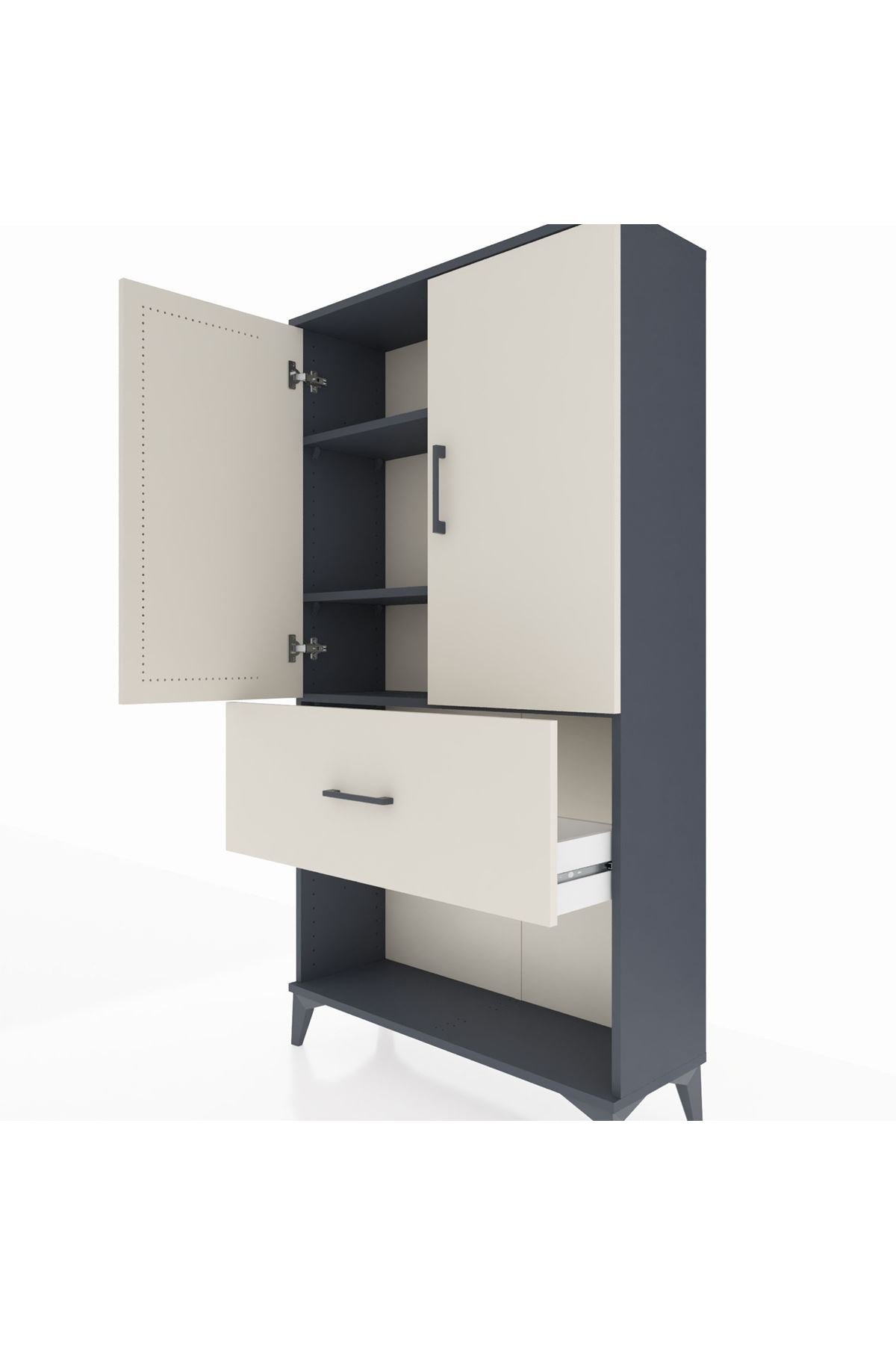 Arges Dolap 3 Raflı Tek Çekmeceli 2 Kapaklı 88x30x163 Antrasit-Aytaşı
