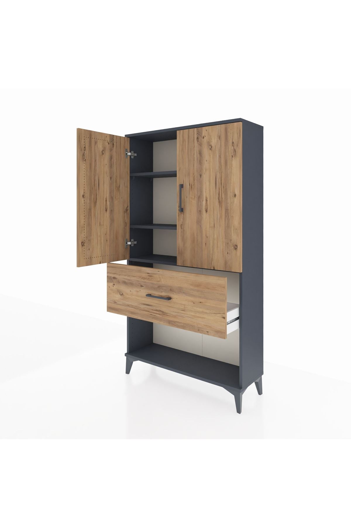 Arges Dolap 3 Raflı Tek Çekmeceli 2 Kapaklı 88x30x163 Antrasit-Çam