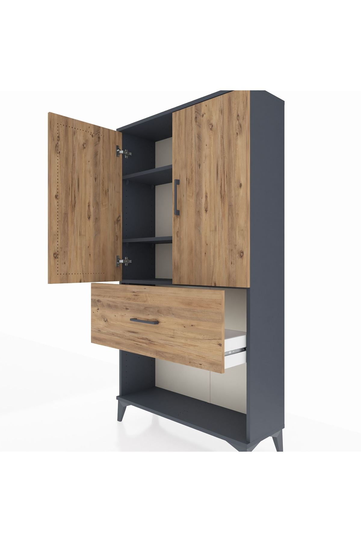 Arges Dolap 3 Raflı Tek Çekmeceli 2 Kapaklı 88x30x163 Antrasit-Çam