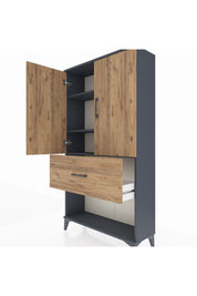 Arges Dolap 3 Raflı Tek Çekmeceli 2 Kapaklı 88x30x163 Antrasit-Çam