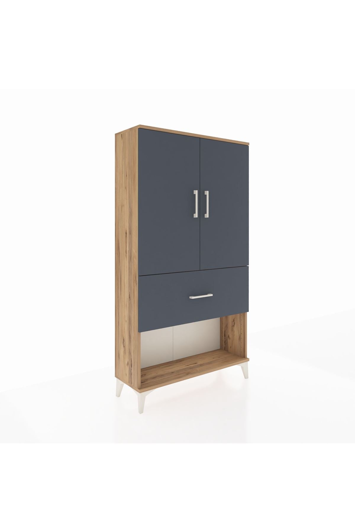 Arges Dolap 3 Raflı Tek Çekmeceli 2 Kapaklı 88x30x163 Çam-Antrasit