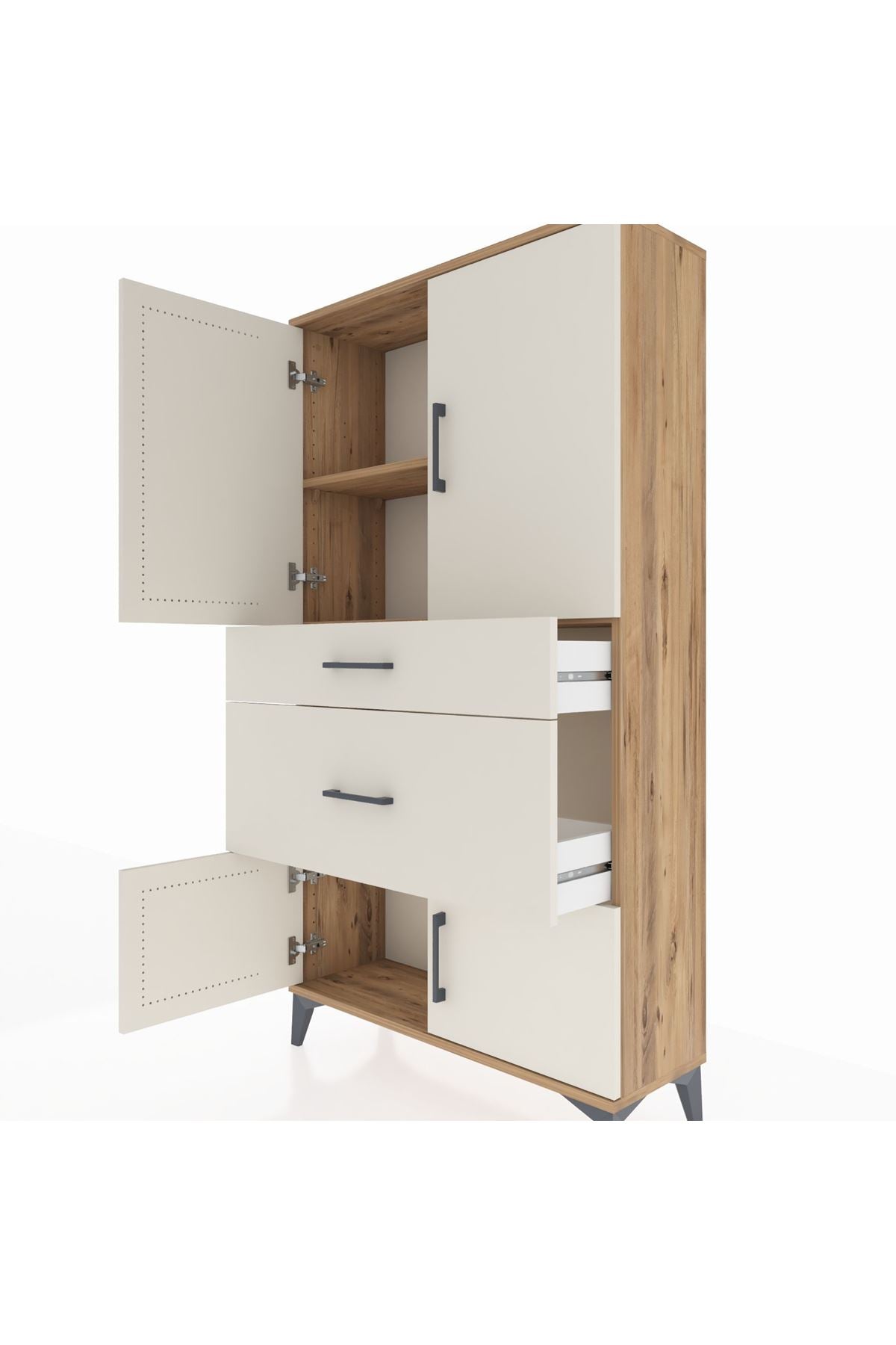 Arges Dolap 2 Raflı 2 Çekmeceli 4 Kapaklı 88x30x163 Çam-Aytaşı