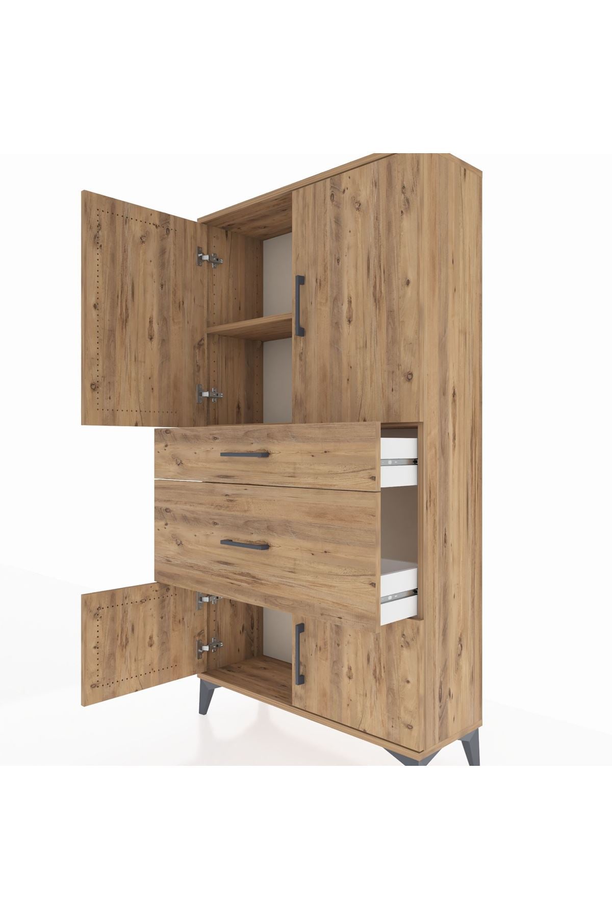 Arges Dolap 2 Raflı 2 Çekmeceli 4 Kapaklı 88x30x163 Çam-Çam