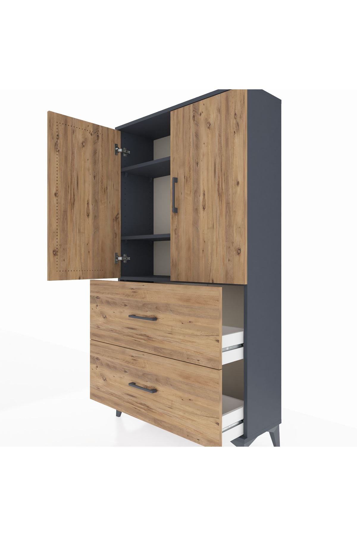 Arges Dolap 3 Raflı 2 Çekmeceli 2 Kapaklı 88x30x163 Antrasit-Çam