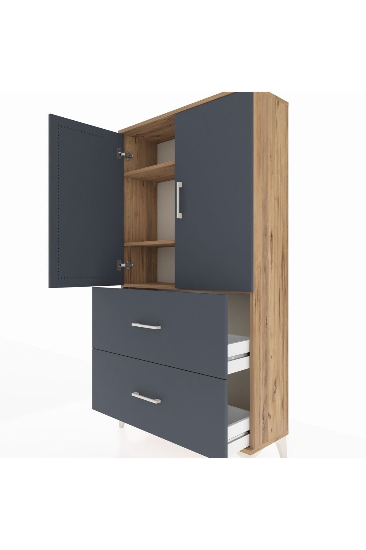 Arges Dolap 3 Raflı 2 Çekmeceli 2 Kapaklı 88x30x163 Çam-Antrasit