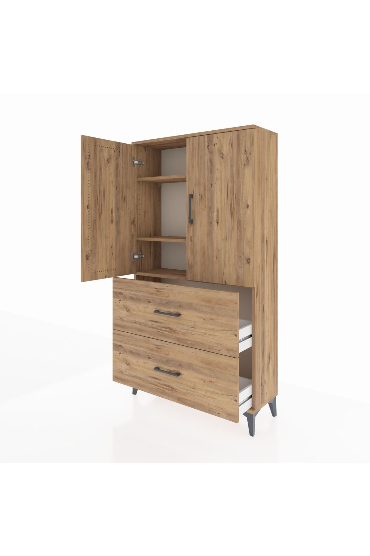 Arges Dolap 3 Raflı 2 Çekmeceli 2 Kapaklı 88x30x163 Çam-Çam