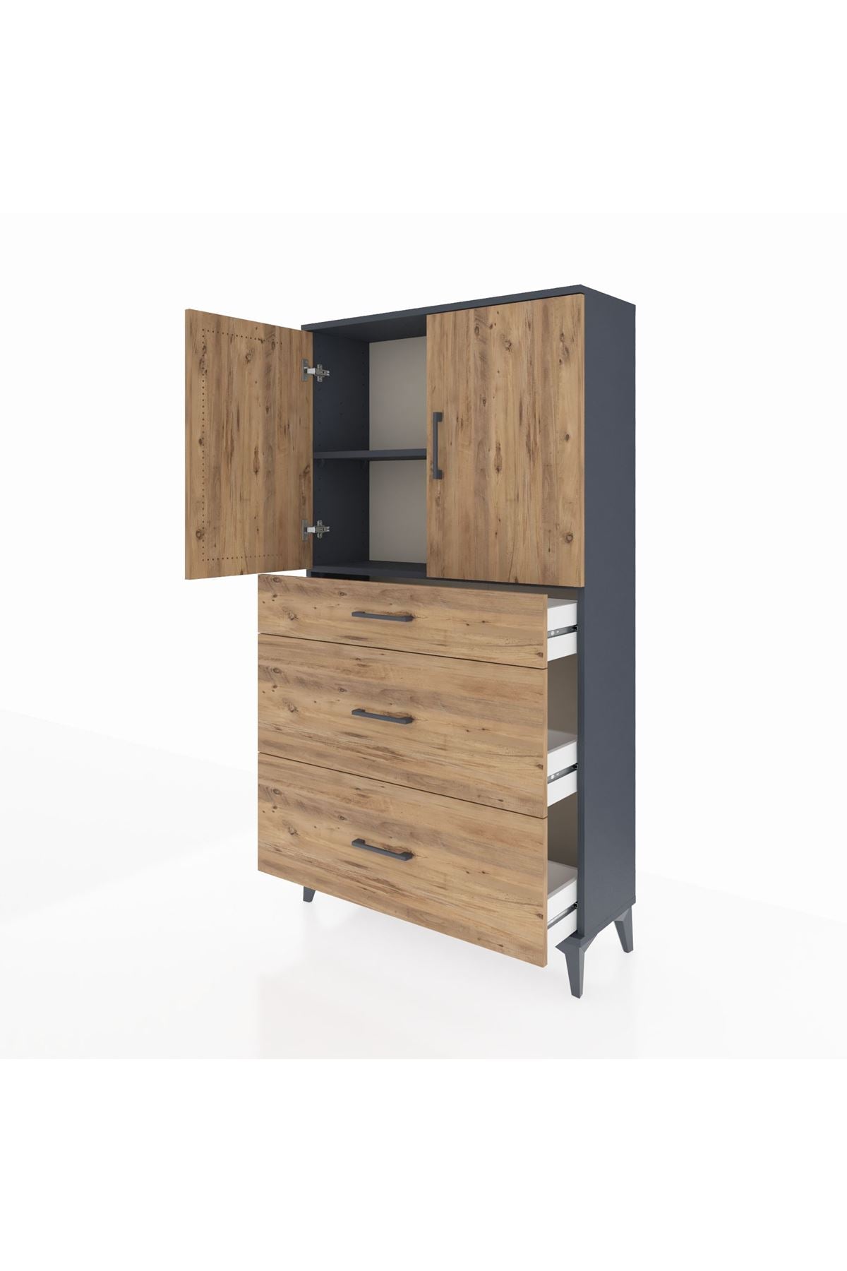 Arges Dolap 2 Raflı 3 Çekmeceli 2 Kapaklı 88x30x163 Antrasit-Çam