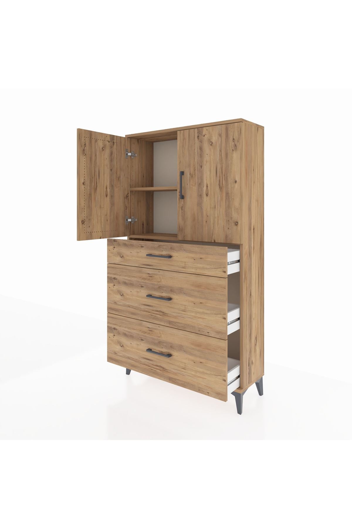 Arges Dolap 2 Raflı 3 Çekmeceli 2 Kapaklı 88x30x163 Çam-Çam