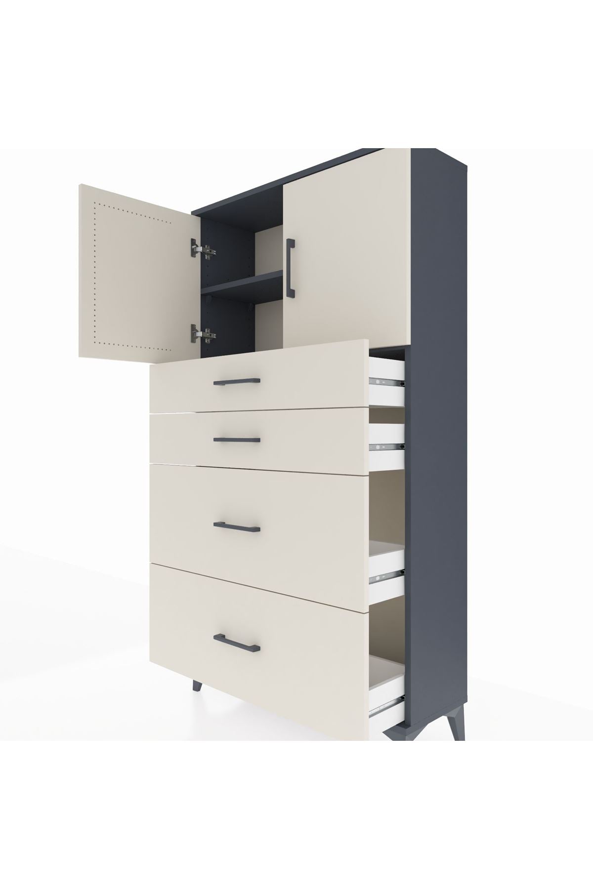 Arges Dolap 2 Raflı 4 Çekmeceli 2 Kapaklı 88x30x163 Antrasit-Aytaşı