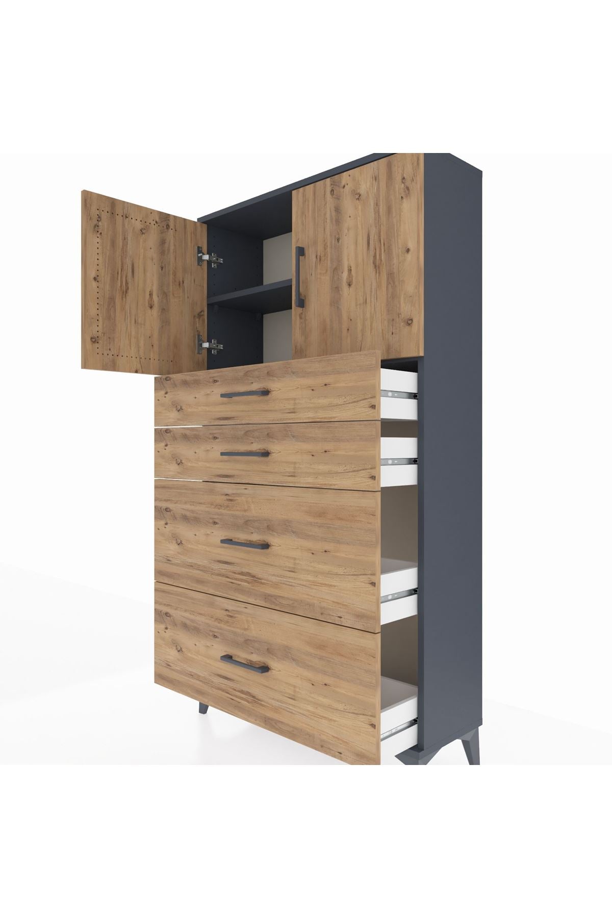 Arges Dolap 2 Raflı 4 Çekmeceli 2 Kapaklı 88x30x163 Antrasit-Çam