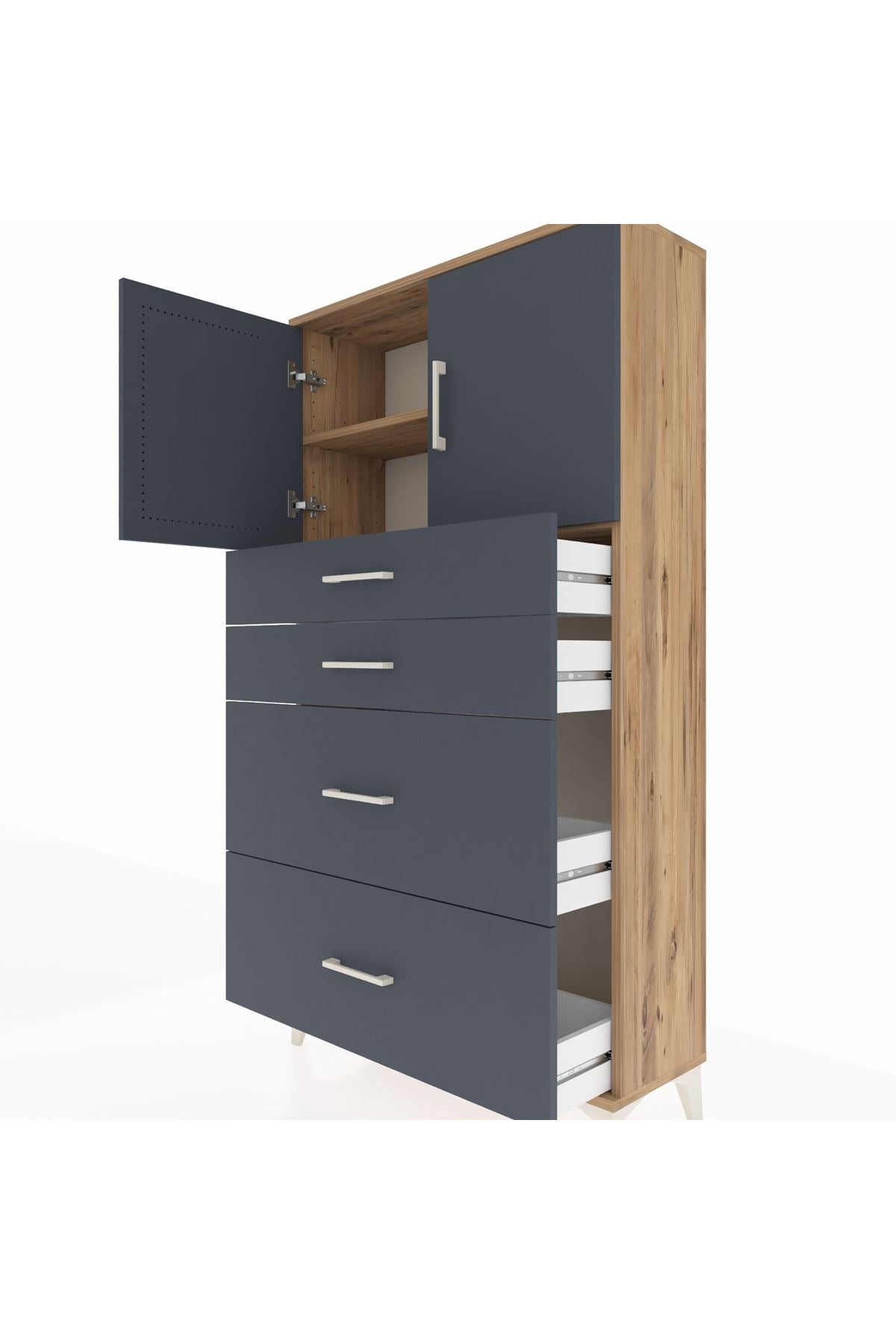 Arges Dolap 2 Raflı 4 Çekmeceli 2 Kapaklı 88x30x163 Çam-Antrasit